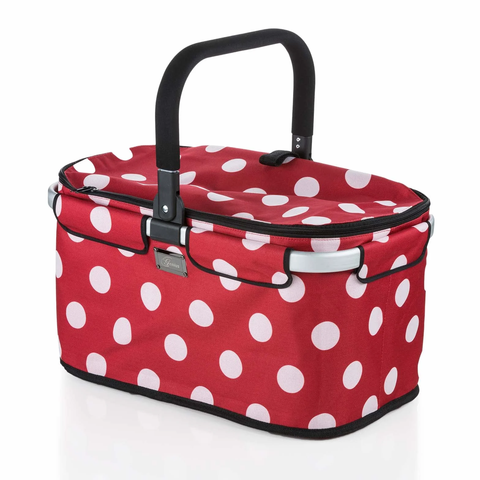 Genius A14360 Falko Premium koszyk na zakupy, 22 l, duży, składany, z pokrywką | kosz do noszenia w podróży z aluminiowym uchwytem, czarno-kolorowy