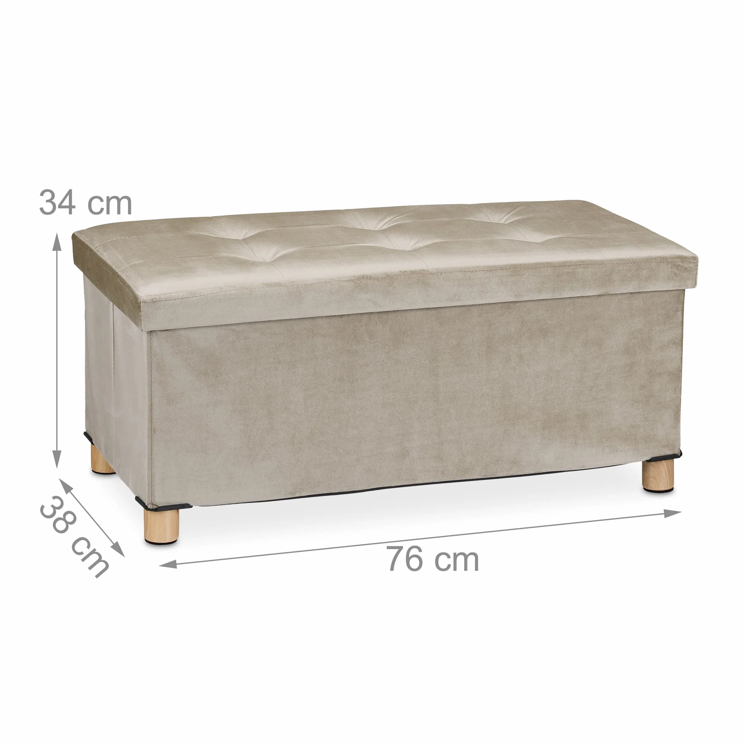 Relaxdays Ławka do przechowywania aksamitna drewniana noga 120 kg składana 34 x 76 x 38 cm kremowa