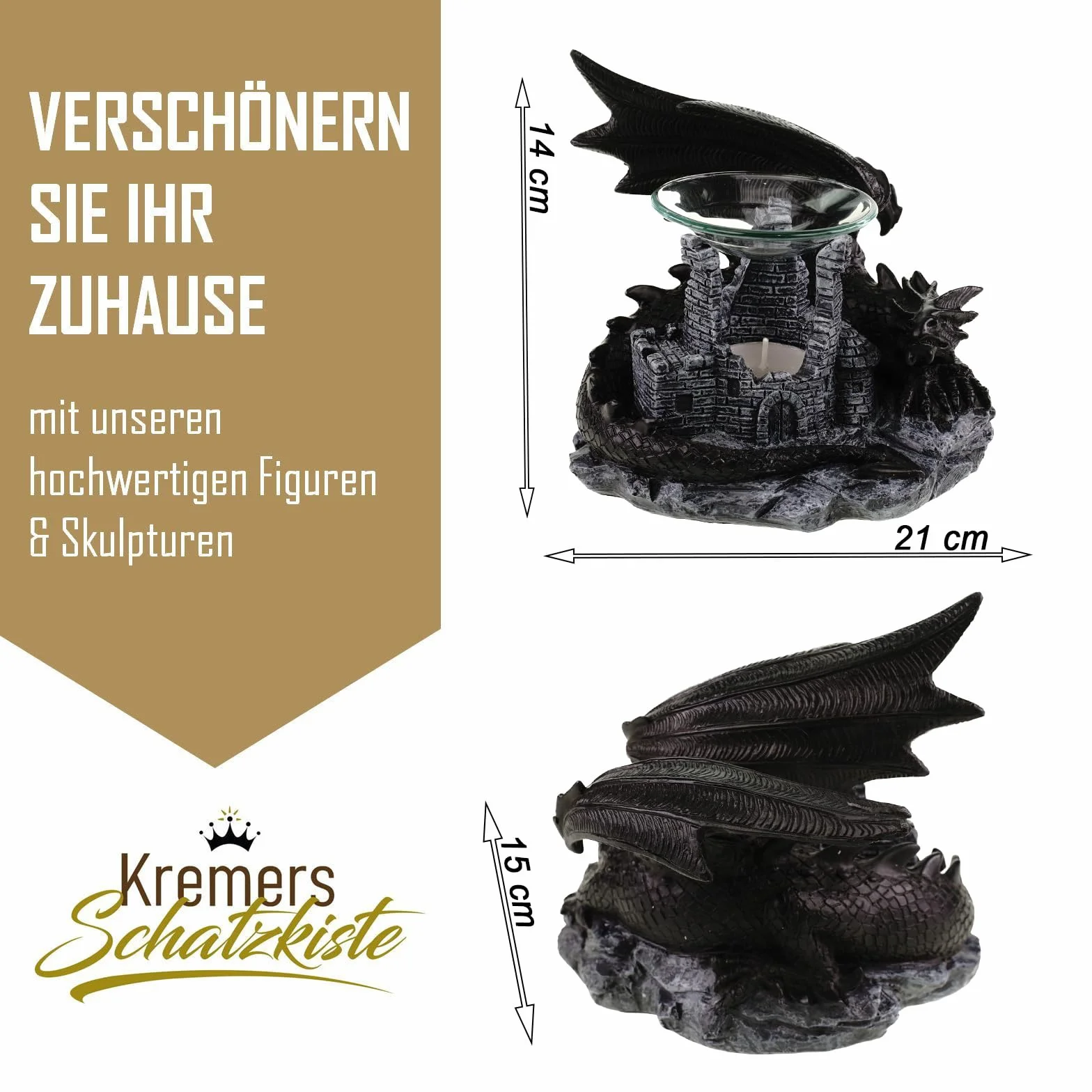 Kremers Schatzkiste Lampa zapachowa smok 22 cm ruiny zamku uchwyt na podgrzewacze do olejków eterycznych wosk zapachowy dekoracja 19 x 22 x 18 cm