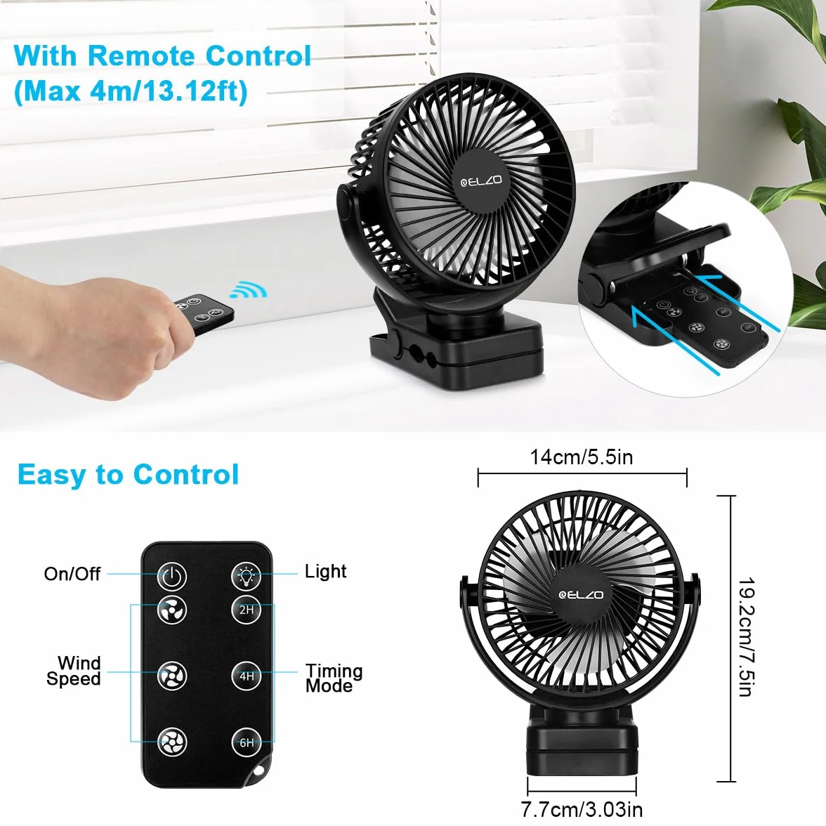ELZO Wentylator USB, 12000 mAh, mini cichy wentylator stołowy, wentylator zaciskowy z 3 prędkościami/światłem LED, obrót o 360°, przenośne wentylatory z pilotem