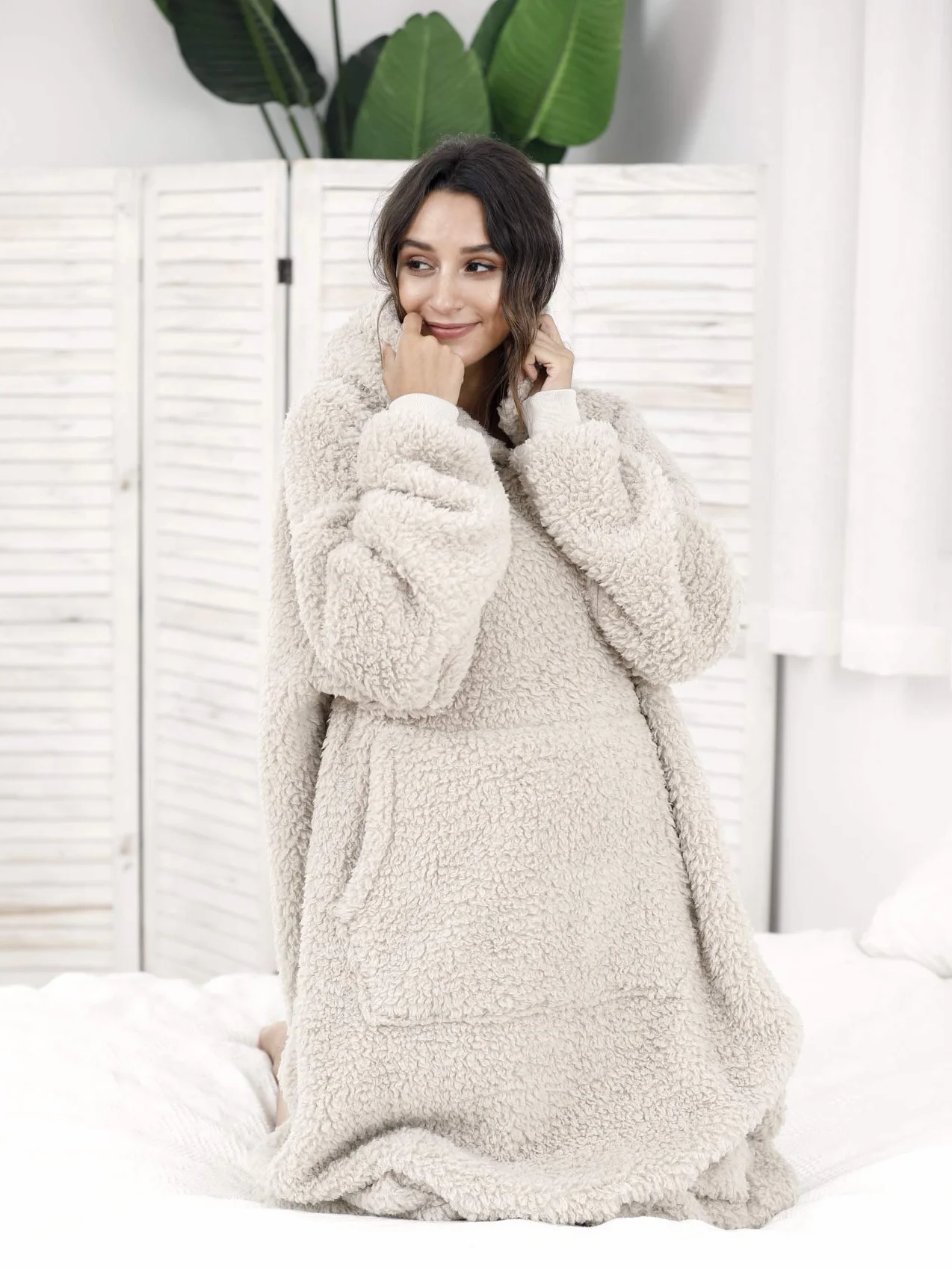 Bluza z kapturem Oversize Sherpa dla kobiet i mężczyzn ciepły koc kudłaty sweter Beżowy