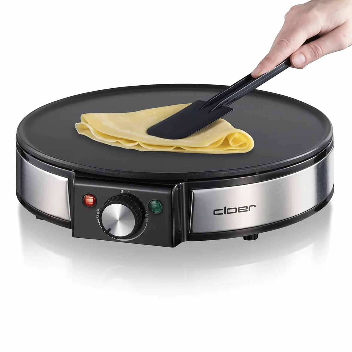 Cloer 6630 Naleśnikarka na słodkie lub słone naleśniki o średnicy 30 cm Ø, 1200 W, Powłoka nieprzywierająca, w zestawie Crêpes Turner i Rozrzutnik ciasta, czarny