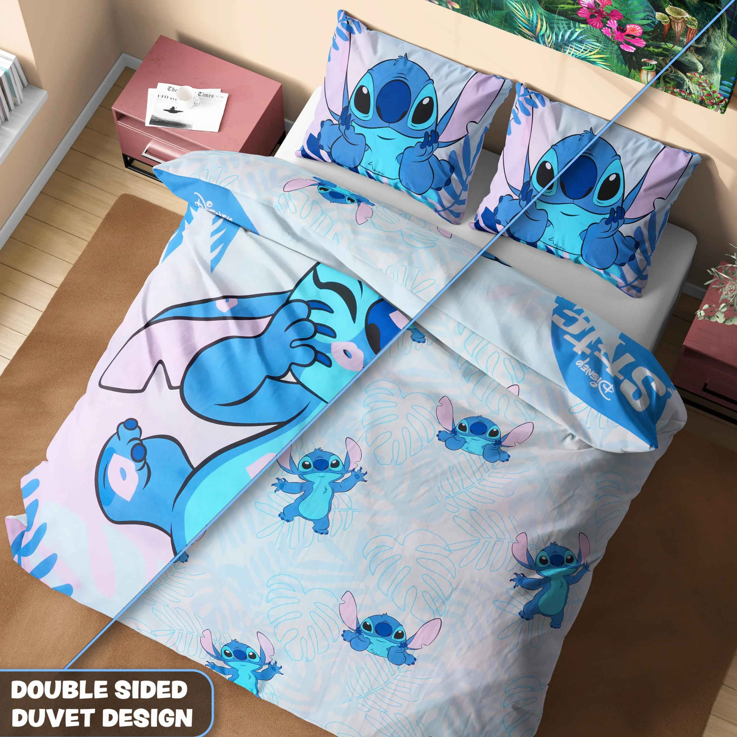 Disney Stich poszewka na kołdrę i poduszka dla dzieci i nastolatków, pościel do sypialni - pojedyncza lub podwójna (Niebieska Stich podwójna)