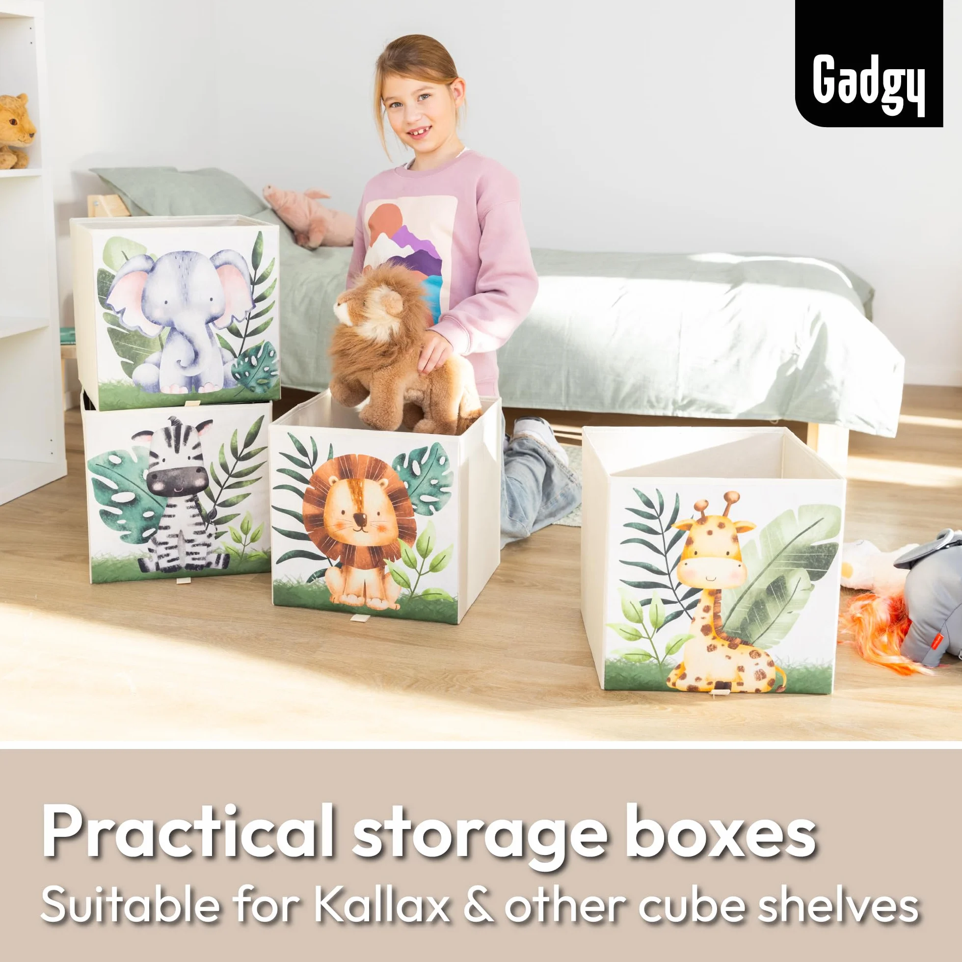 Gadgy Aufbewahrungsbox Kinder - Aufbewahrungsbox Kinderzimmer 4er Set - Kompatibel mit Kallax Boxen Kinder - Aufbewahrungsboxen Kinder faltbar 33x33x33 cm - Boxen Kinderzimmer Aufbewahrung Tiermotiv