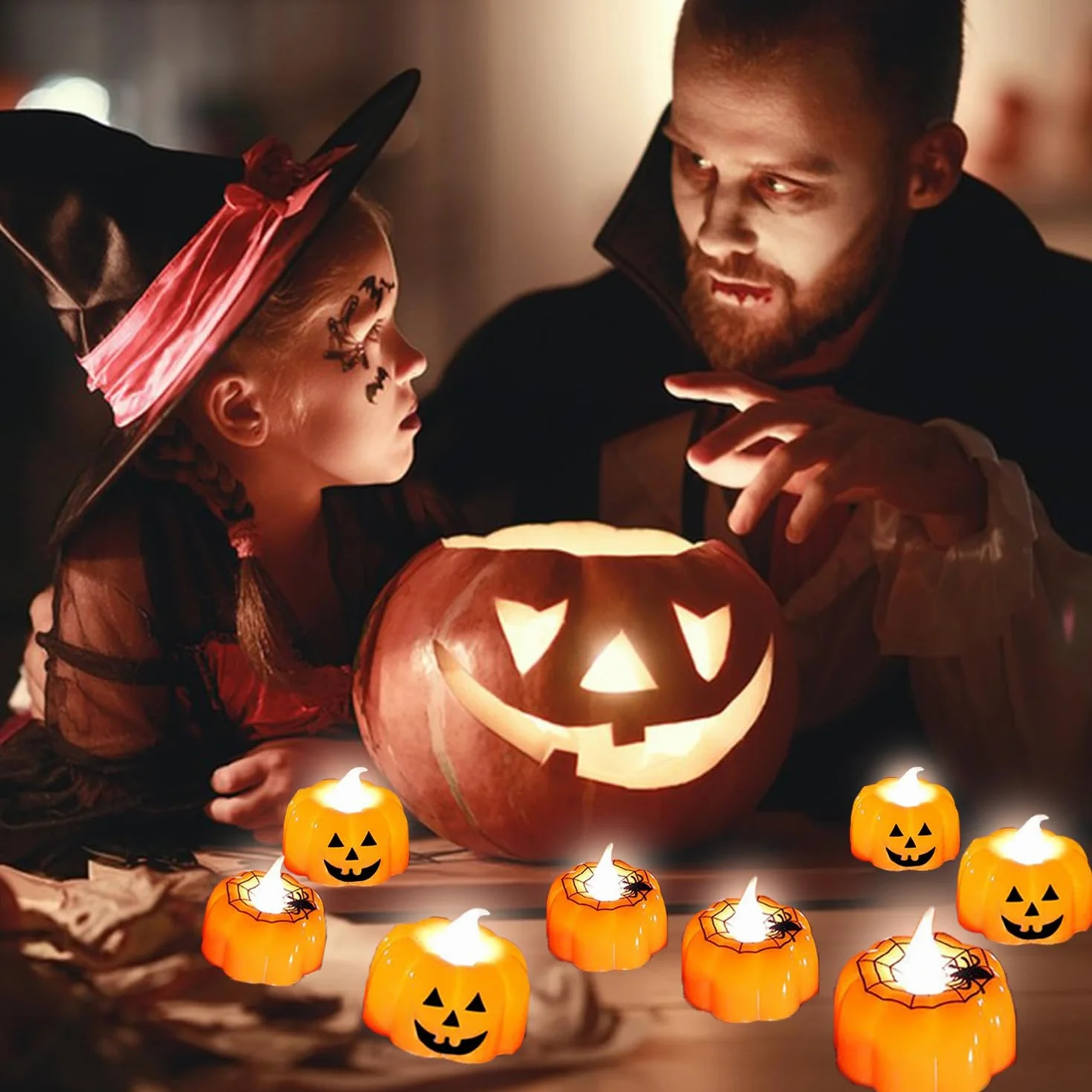 KEELYY 12 sztuk podgrzewaczy LED na Halloween, bez płomienia, w kształcie dyni, na baterie, dekoracja na Halloween, imprezę, na zewnątrz