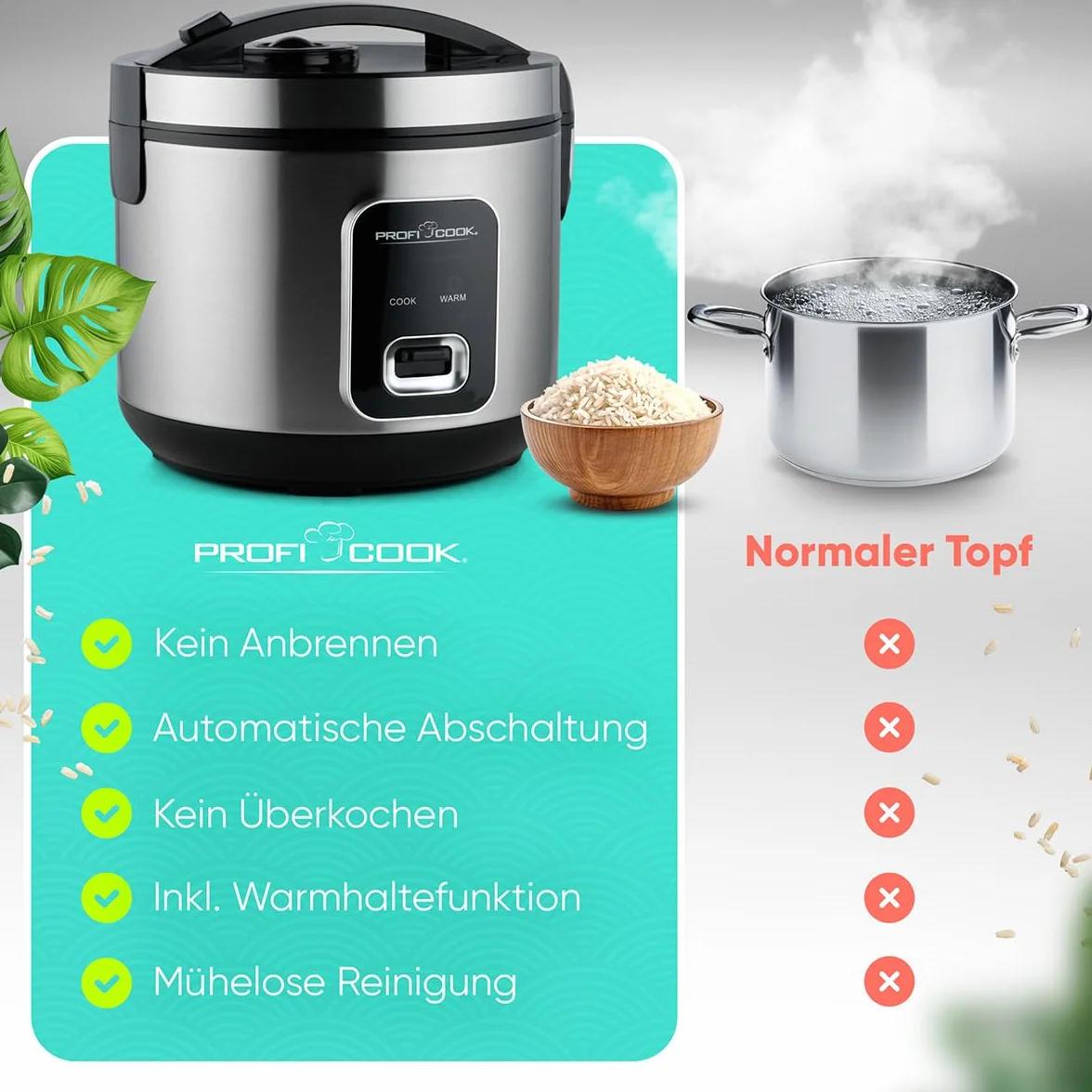 ProfiCook® szybkowar do ryżu 3 kg | szybkie przygotowanie bez przypalania | funkcja utrzymania ciepła | w zestawie kubek z miarką i łyżką do ryżu | Rice Cooker z nieprzywierającą powłoką | szybkowar