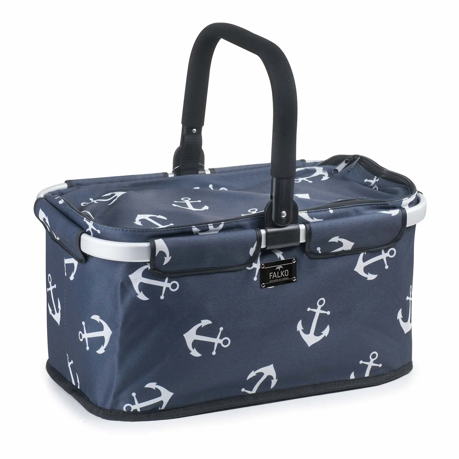 Genius A14360 Falko Premium koszyk na zakupy, 22 l, duży, składany, z pokrywką | kosz do noszenia w podróży z aluminiowym uchwytem, czarno-kolorowy