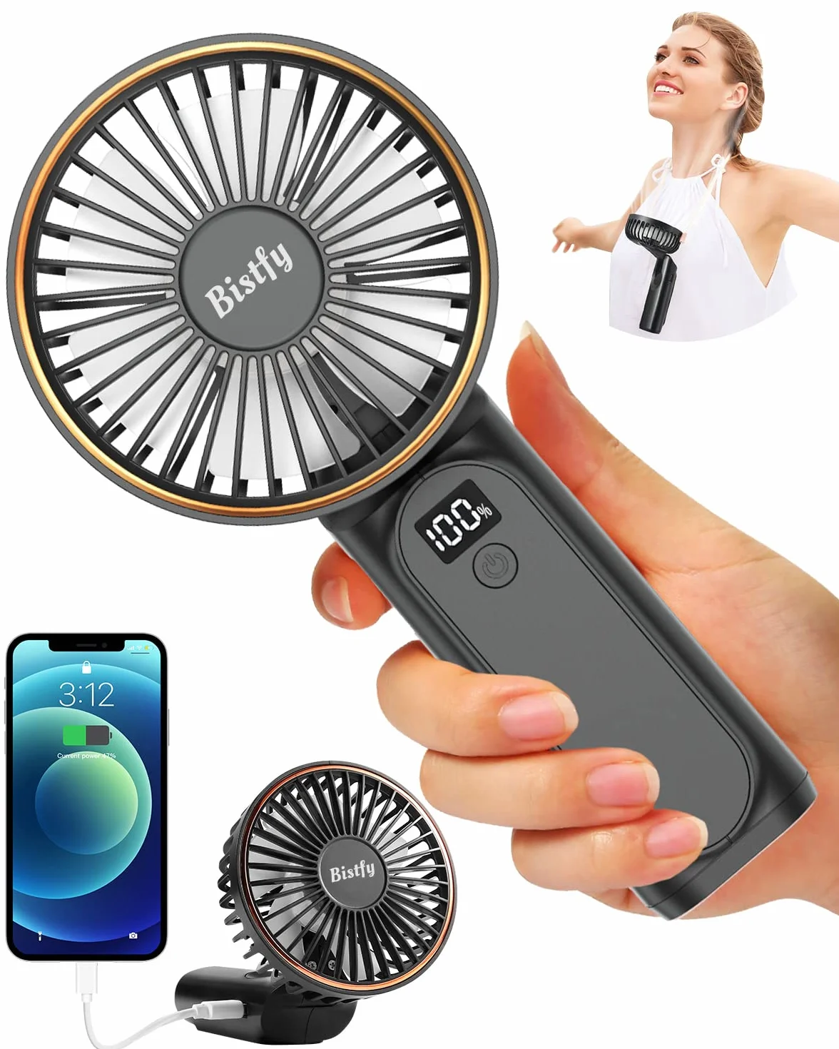 Przenośny wentylator ręczny 5200 mAh z akumulatorem, bardzo cichy 6-biegowy wentylator ręczny USB C 180°Foldable jako wentylator na szyję