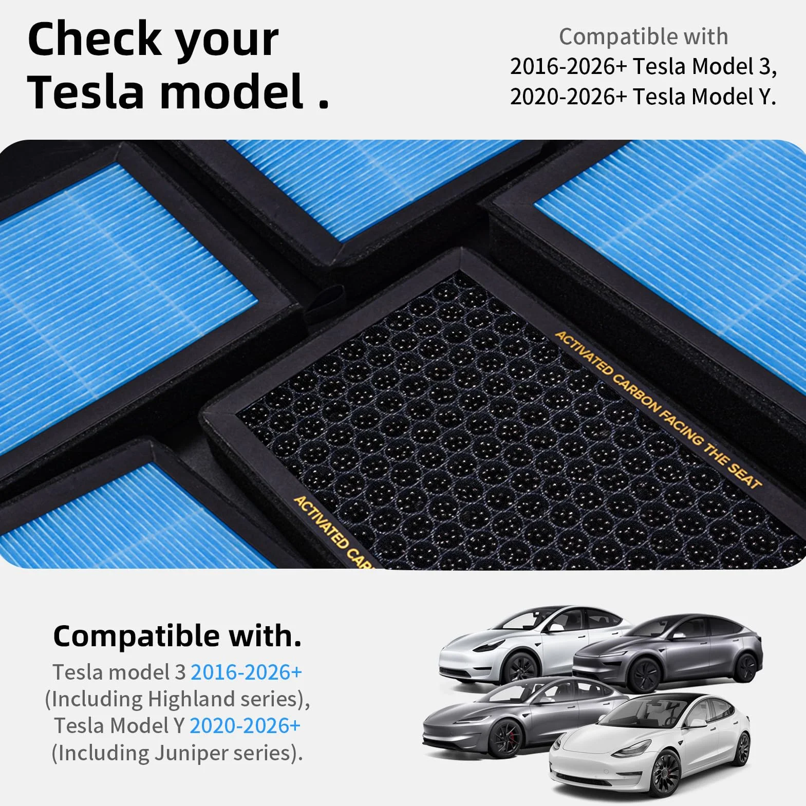 CYBEREBEANS Zamiennik klimatyzacji z węglem aktywnym do Tesla Model 3 Model Y HEPA akcesoria do filtra kabinowego 2016-2024/2025/2026 Juniper Highland ulepszona wersja (2 sztuki)