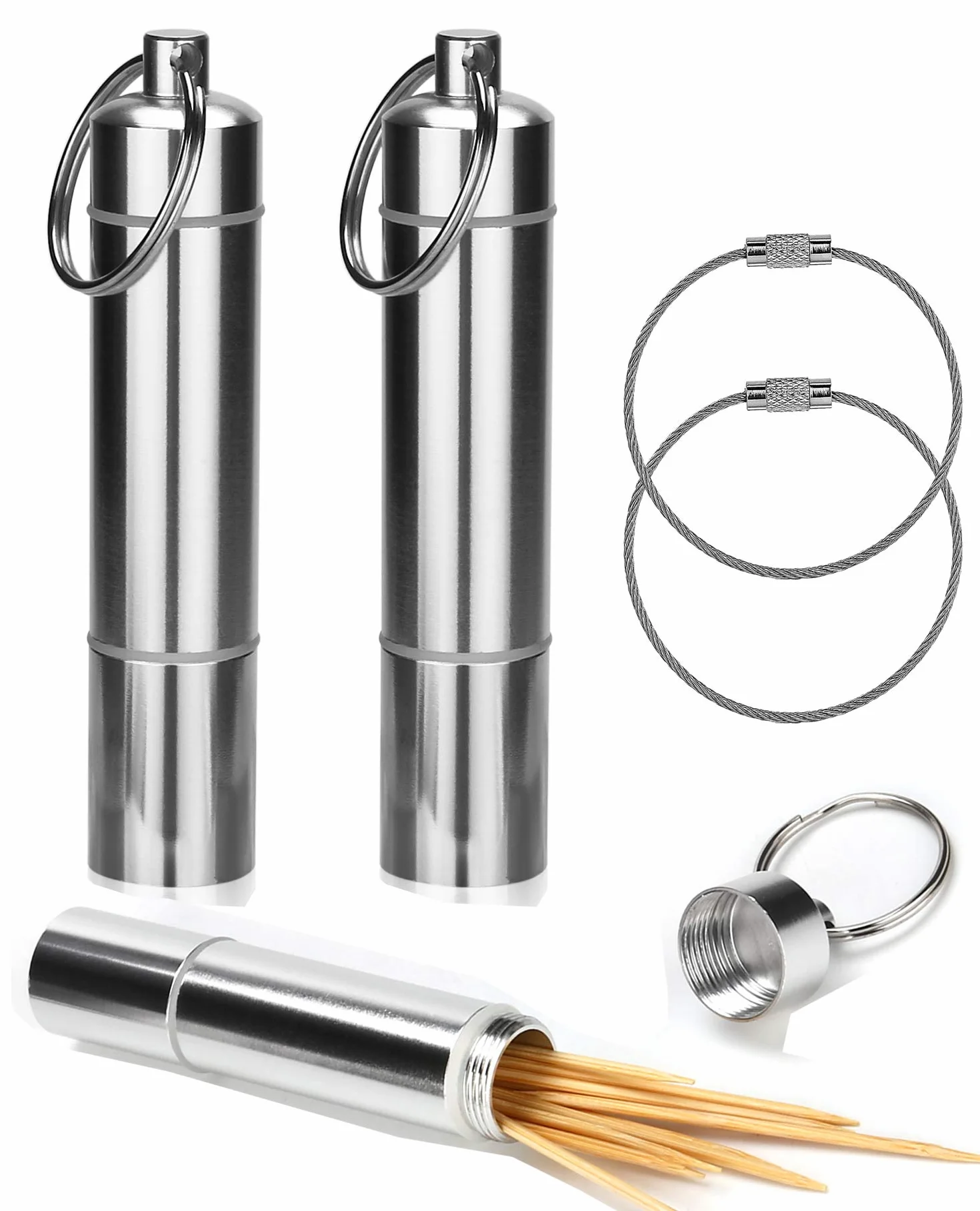 [2 sztuki] Uchwyt na wykałaczki ze stali nierdzewnej Przenośny futerał na wykałaczki z drutem Brelok do kluczy – OOTSR aluminiowe wodoodporne pudełko podróżne metalowe etui na tabletki z breloczkiem
