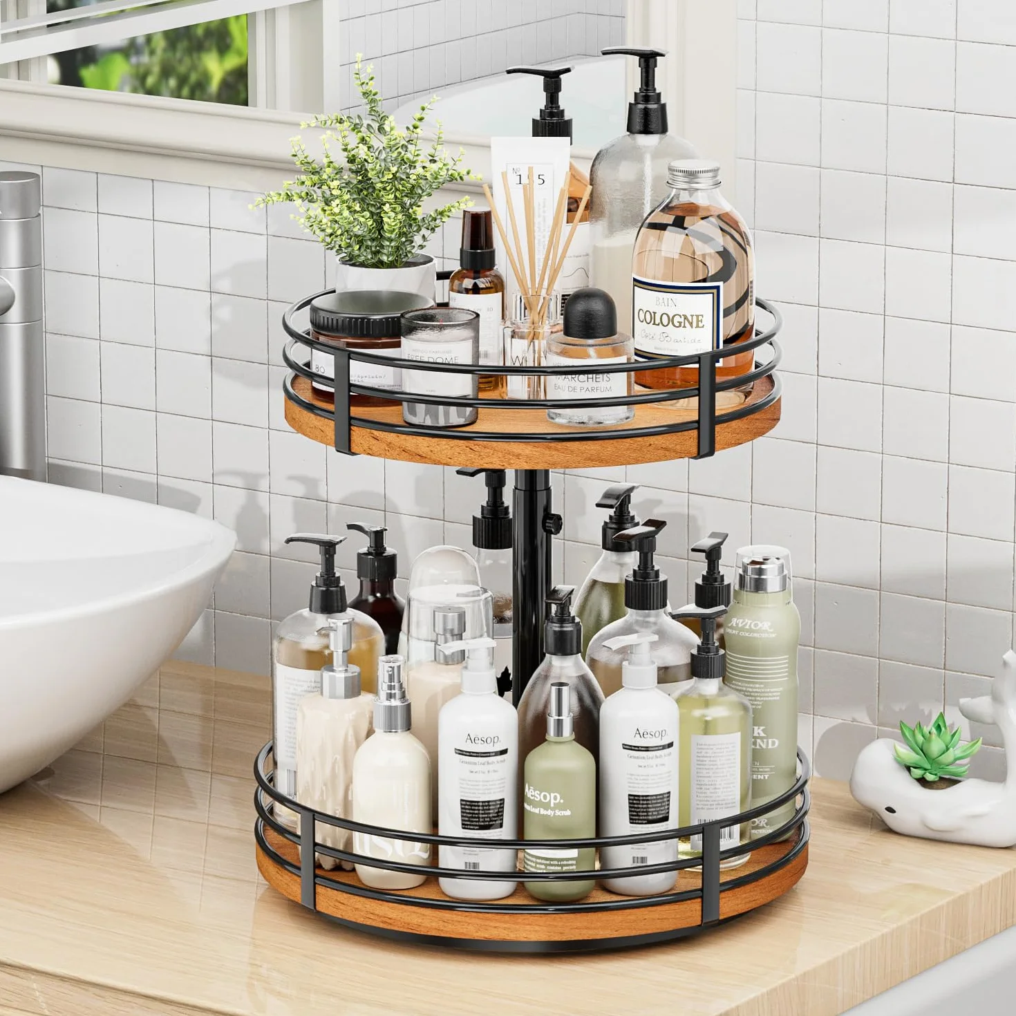 Lazy Susan obrotowy organizer, regulowany, 2-poziomowy drewniany obrotowy stojak na przyprawy, 30 cm, Lazy Susan, do kuchni, szafki, spiżarni, łazienki, kawiarni, baru, przechowywania w domu
