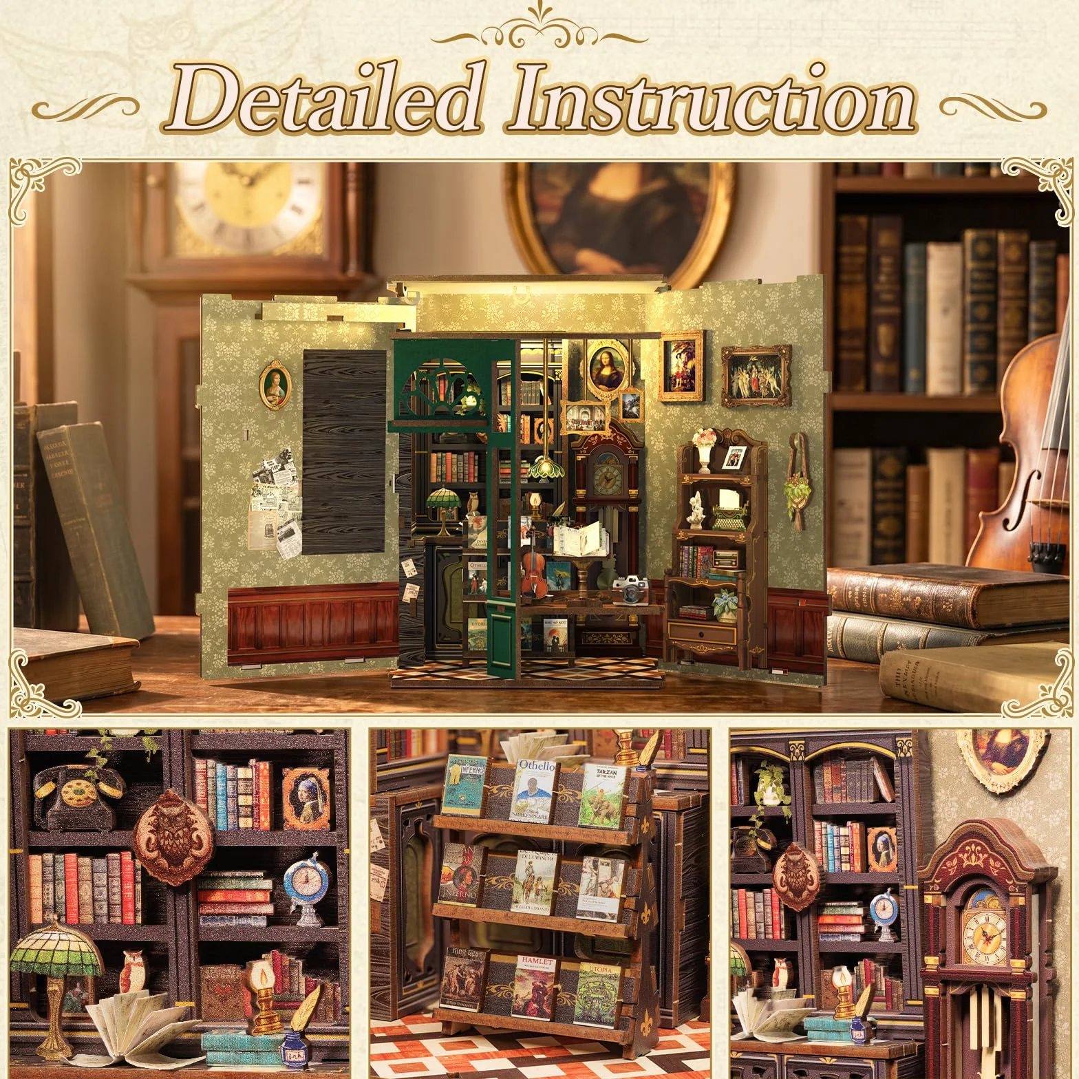 Fsolis Book Nook DIY zestaw, domki dla lalek, dekoracja regału na książki, zestaw modelarski dla dorosłych, kreatywny prezent (Owl Bookstore)