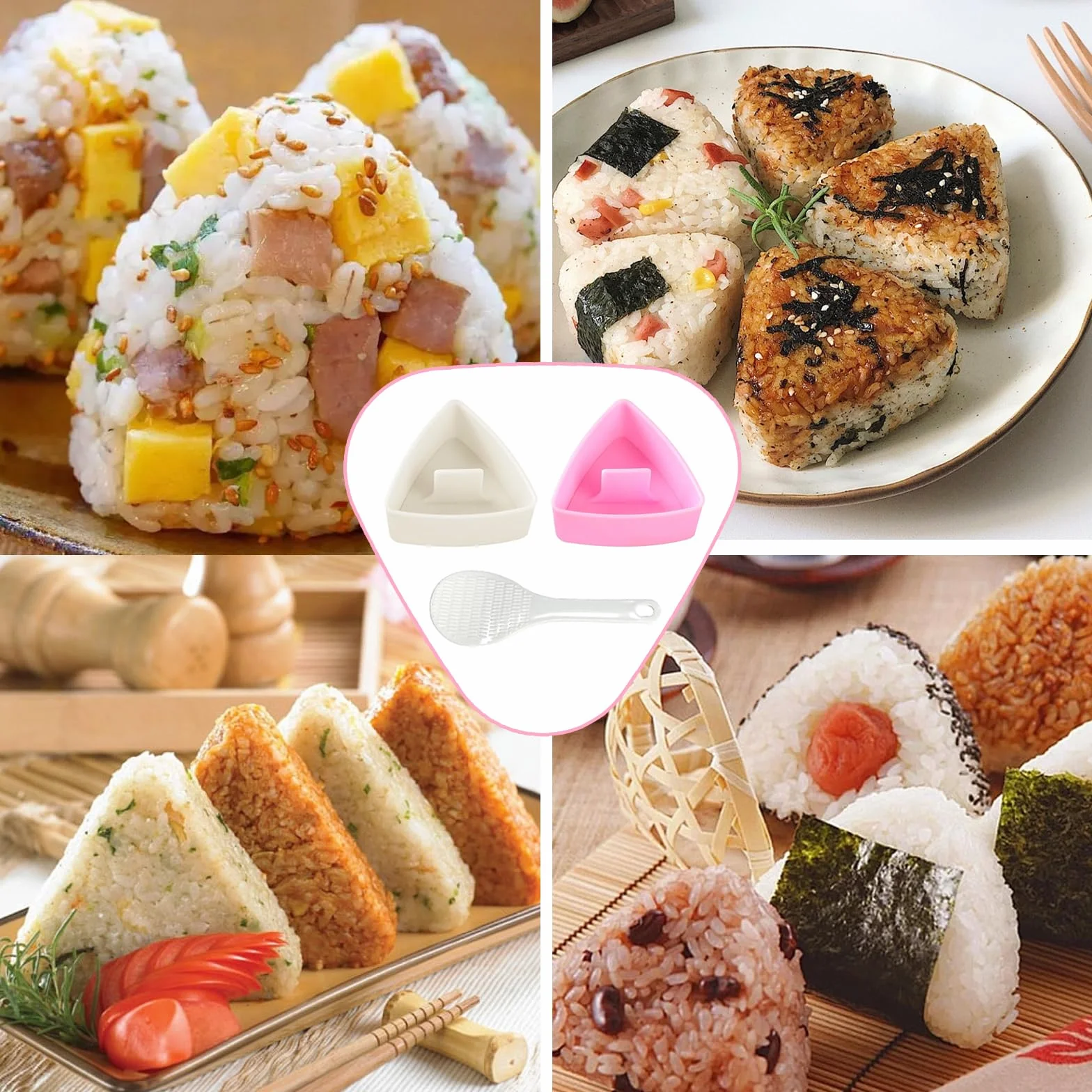 2 sztuki Forma do Onigiri trójkątna, bez BPA, Foremka do Onigiri z łyżką do ryżu, wielokrotnego użytku, Foremka do kulek ryżowych/prasa do formowania dla kuchni rodzinnej DIY Sushi