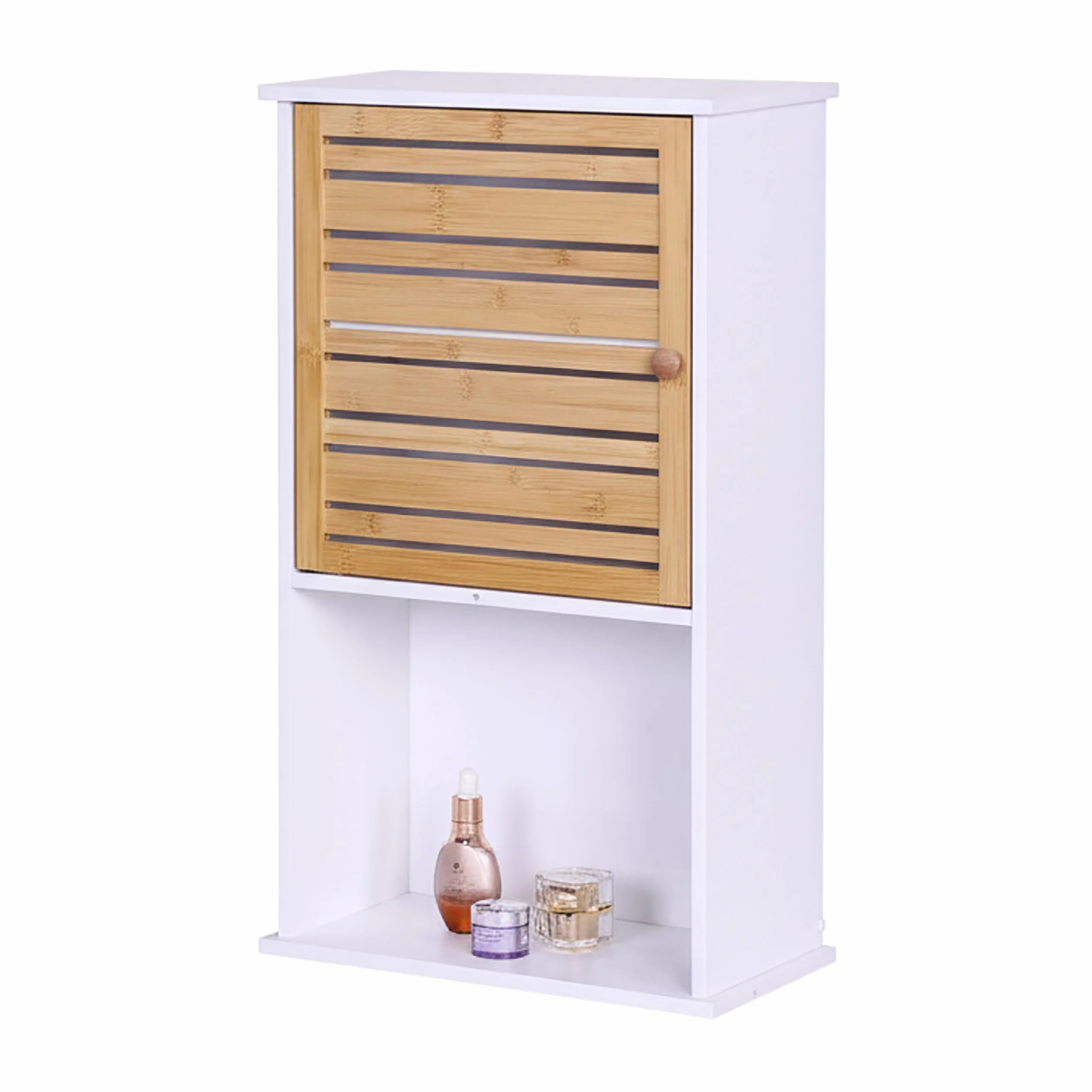 Relaxdays Szafka wisząca łazienkowa, 3 półki, wys. x gł.: 70 x 40 x 20 cm, szafka z drzwiami bambusowymi, wąska szafka ścienna, biała/naturalna