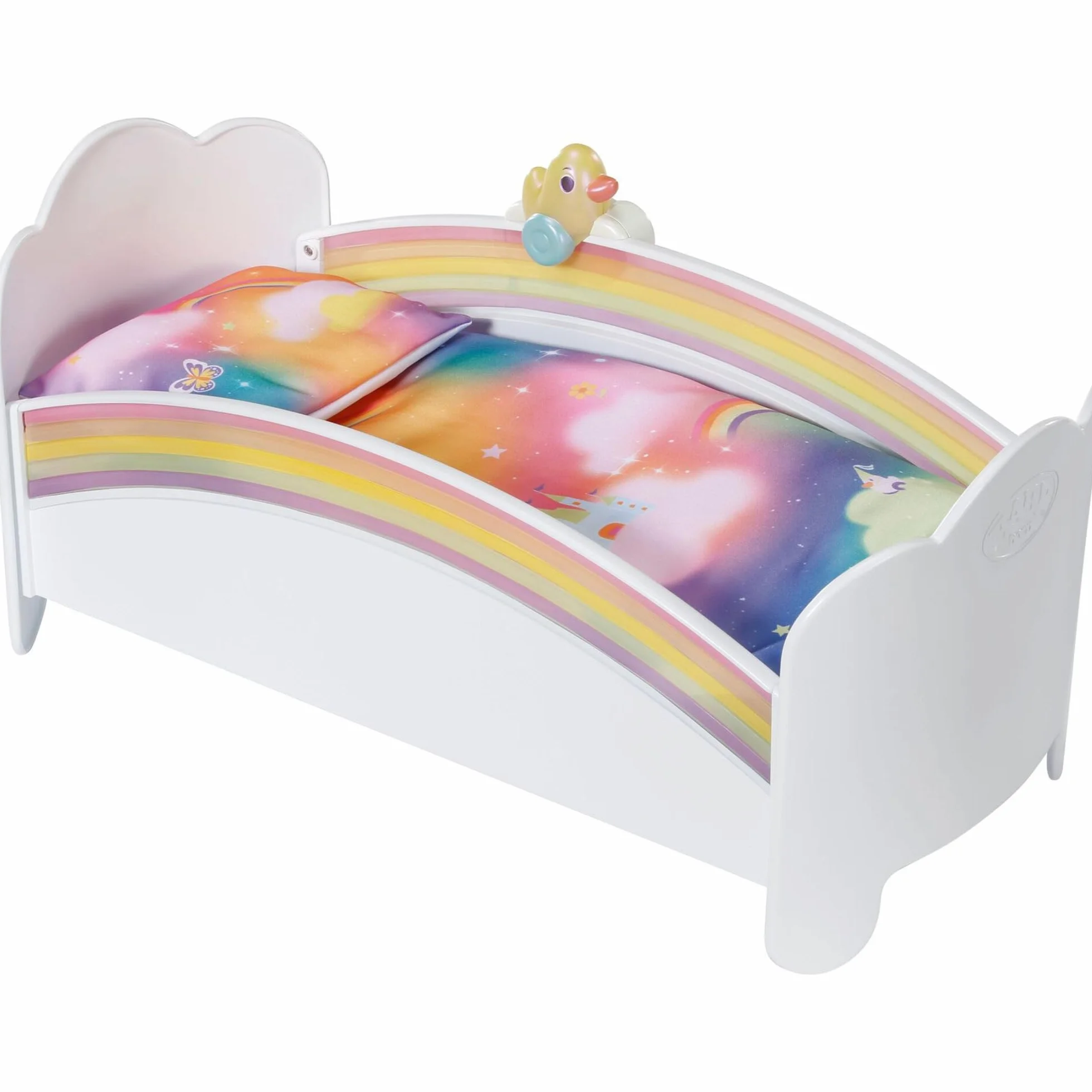 BABY born Rainbow Bed - Łóżko dla lalek z tęczowym światłem i melodią do zasypiania - Akcesoria dla lalek z odwracalną pościelą i naklejkami - dla dzieci od 3 lat