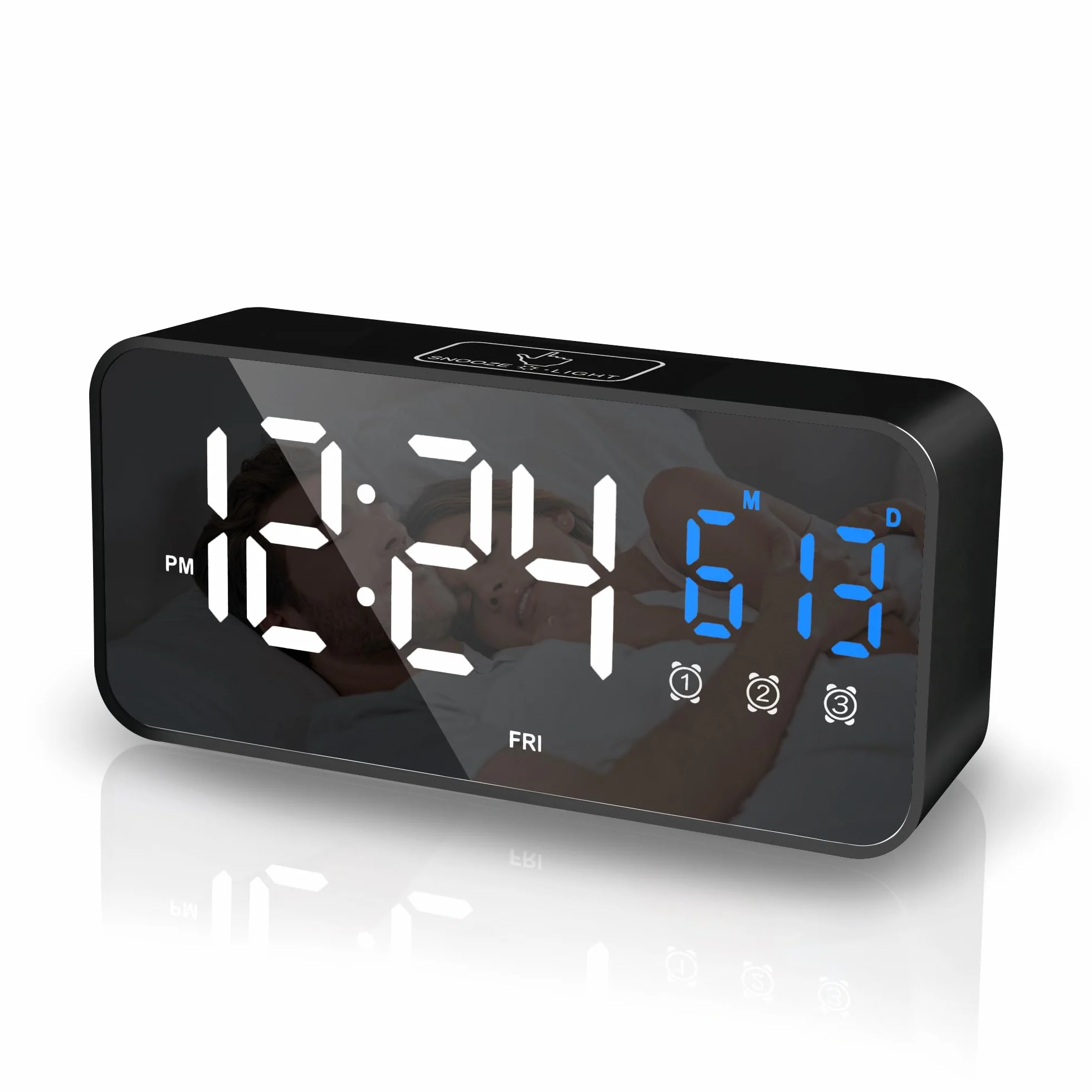 Lafocuse LED cyfrowy budzik z wyświetlaczem temperatury i datą, zegar stołowy z 25 melodiami, 2 portami ładowania USB, 3 alarmami i dniem tygodnia, cyfrowy zegar z funkcją drzemki, regulowana jasność
