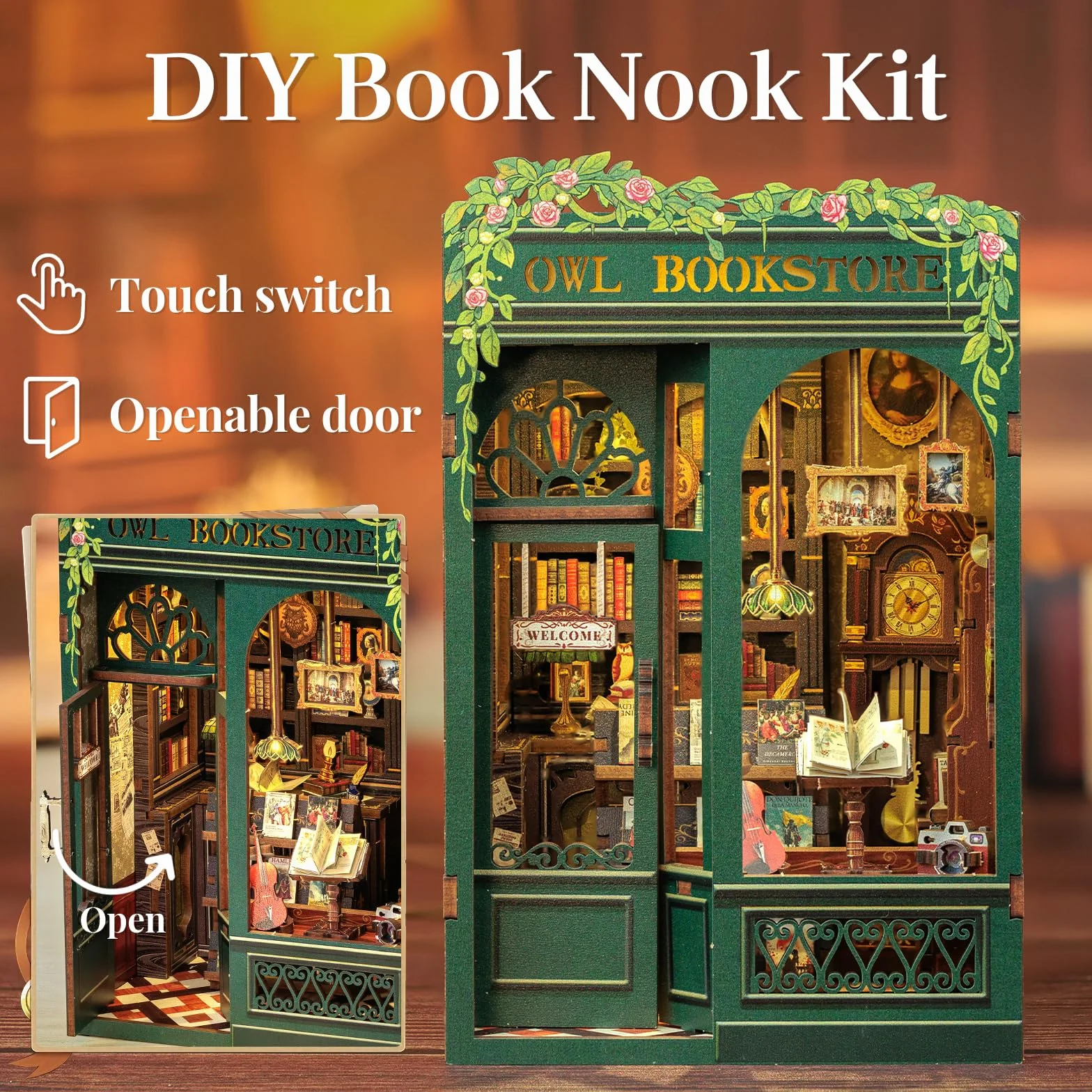 Fsolis Book Nook DIY zestaw, domki dla lalek, dekoracja regału na książki, zestaw modelarski dla dorosłych, kreatywny prezent (Owl Bookstore)