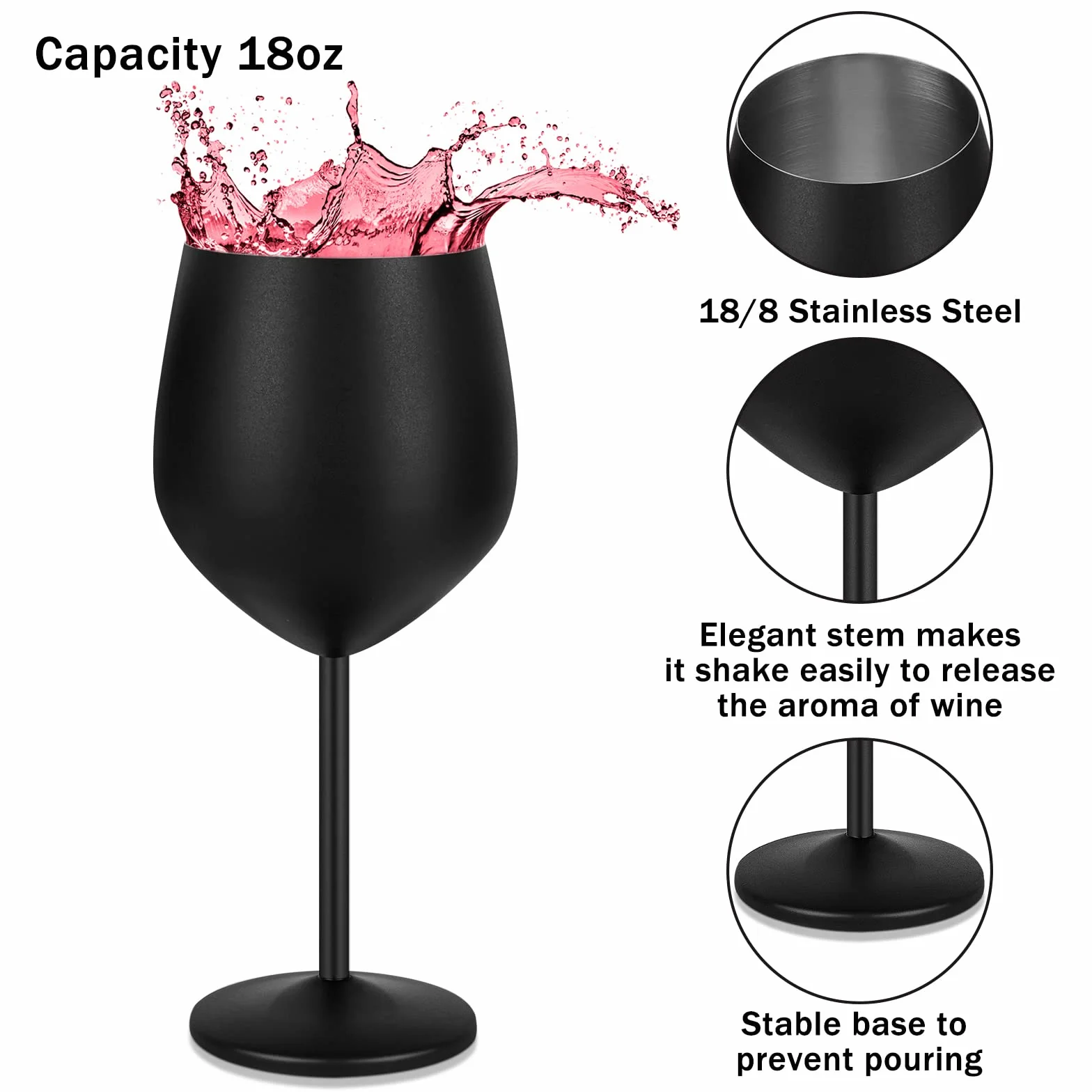 Livole Zestaw kieliszków do wina 550 ml ze stali nierdzewnej czarny matowy 4 sztuki