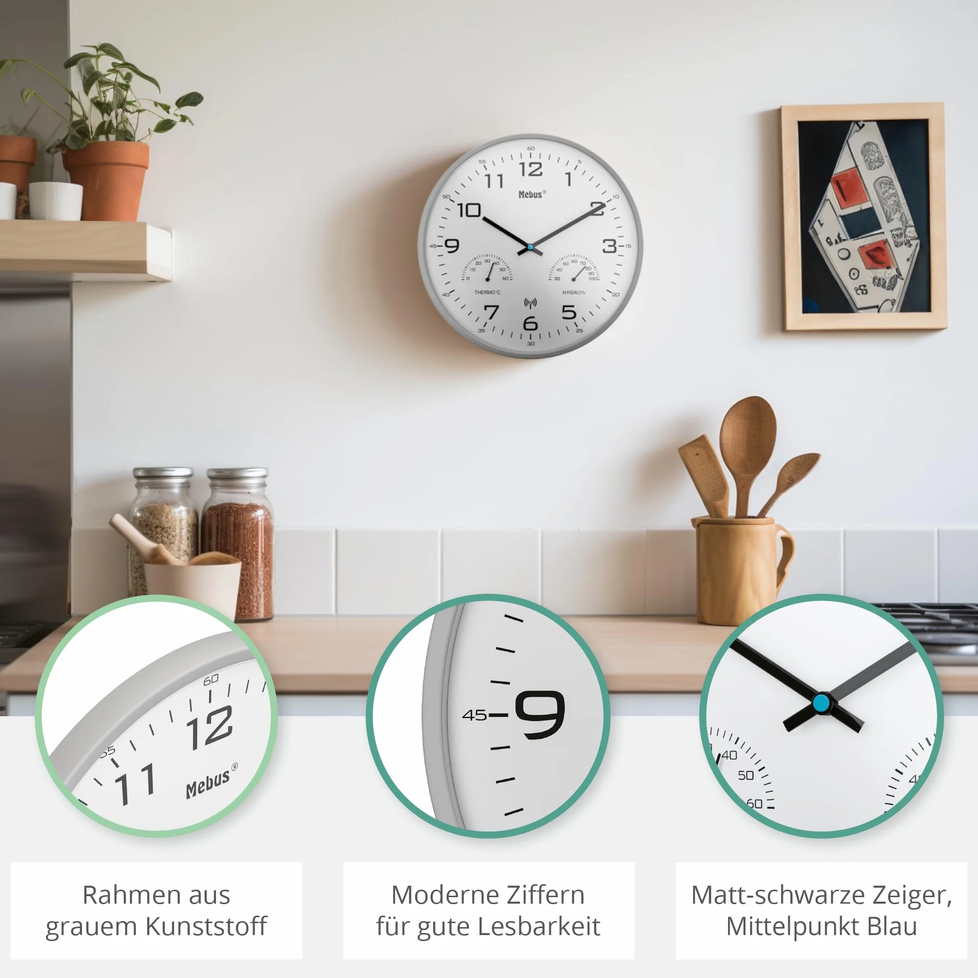 Mebus Nowoczesny radiowy zegar ścienny 30 cm z temperaturą i wilgotnością szary 52842