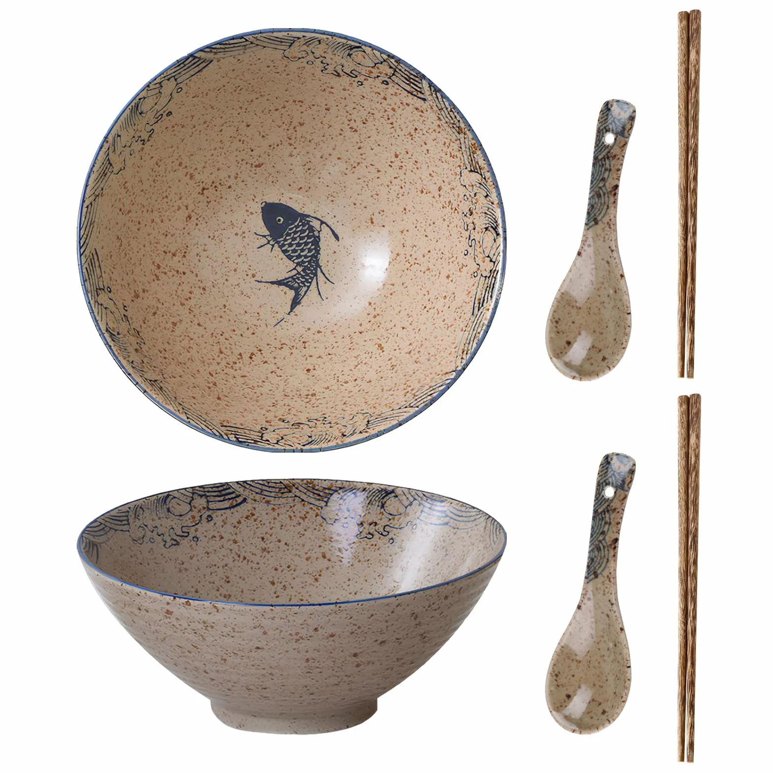 2 zestawy ceramiczna miska na ramen 1200 ml, zestaw misek ramenowych 1200 ml, duża japońska miska na zupę z makaronem, z pałeczkami i łyżką, do zupy ramenowej, makaronu, Macedonii, ryżu