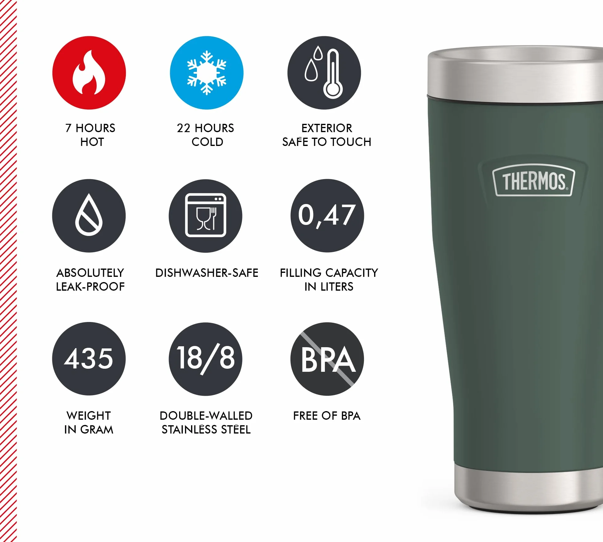 Thermos ICON MUG kubek termiczny 0,47 l, zielony/leśny mat, kubek termiczny 470 ml, kubek do kawy na wynos ze stali nierdzewnej, kubek izolacyjny, 7 h gorący/zimno 22 h, nadaje się do mycia w