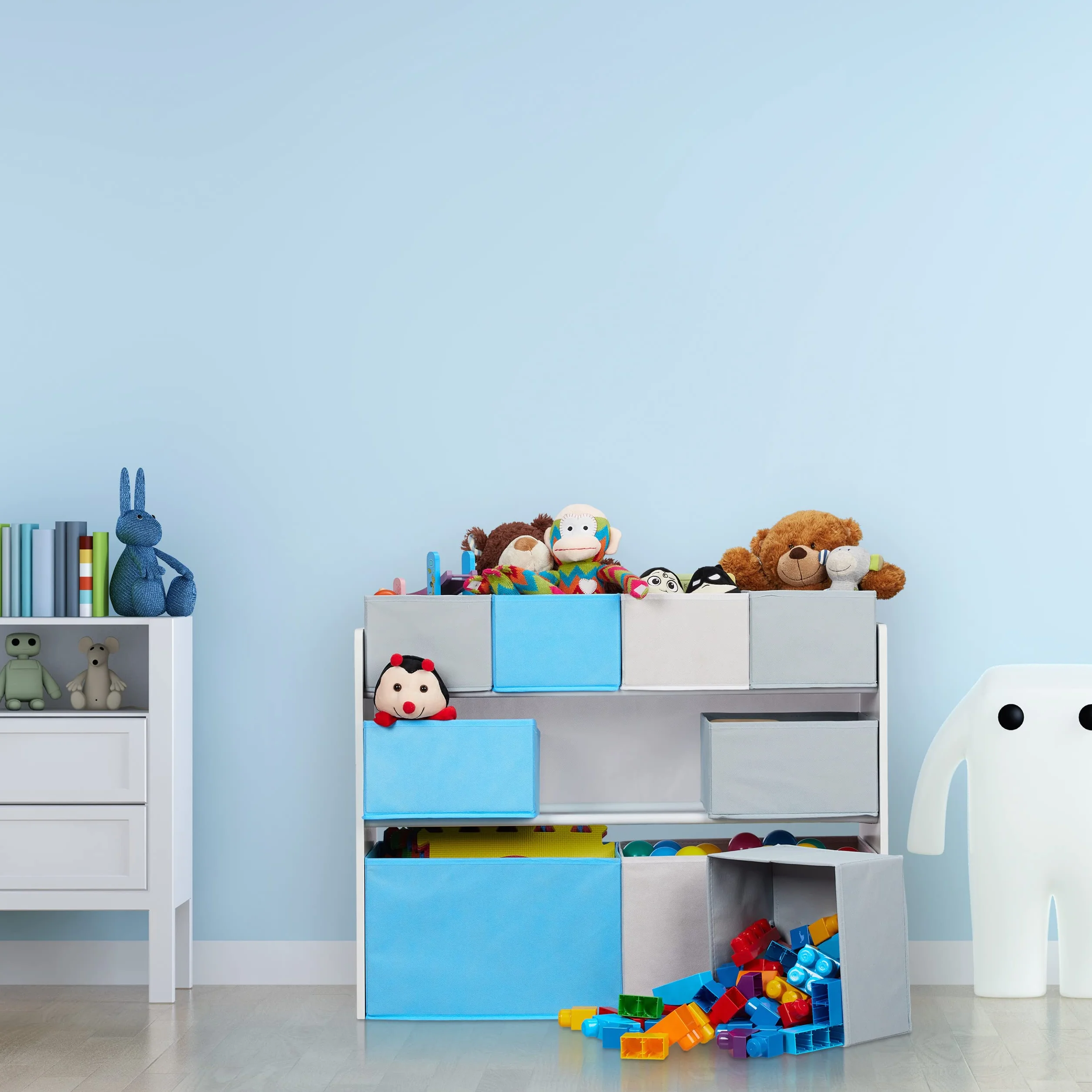 Relaxdays Regał dziecięcy z 9 pudełkami z materiału, ognisko z motywem dziecięcym, regał na zabawki, organizer wys. x szer. x gł.: 66 x 82,5 x 29,5 cm, kolorowy