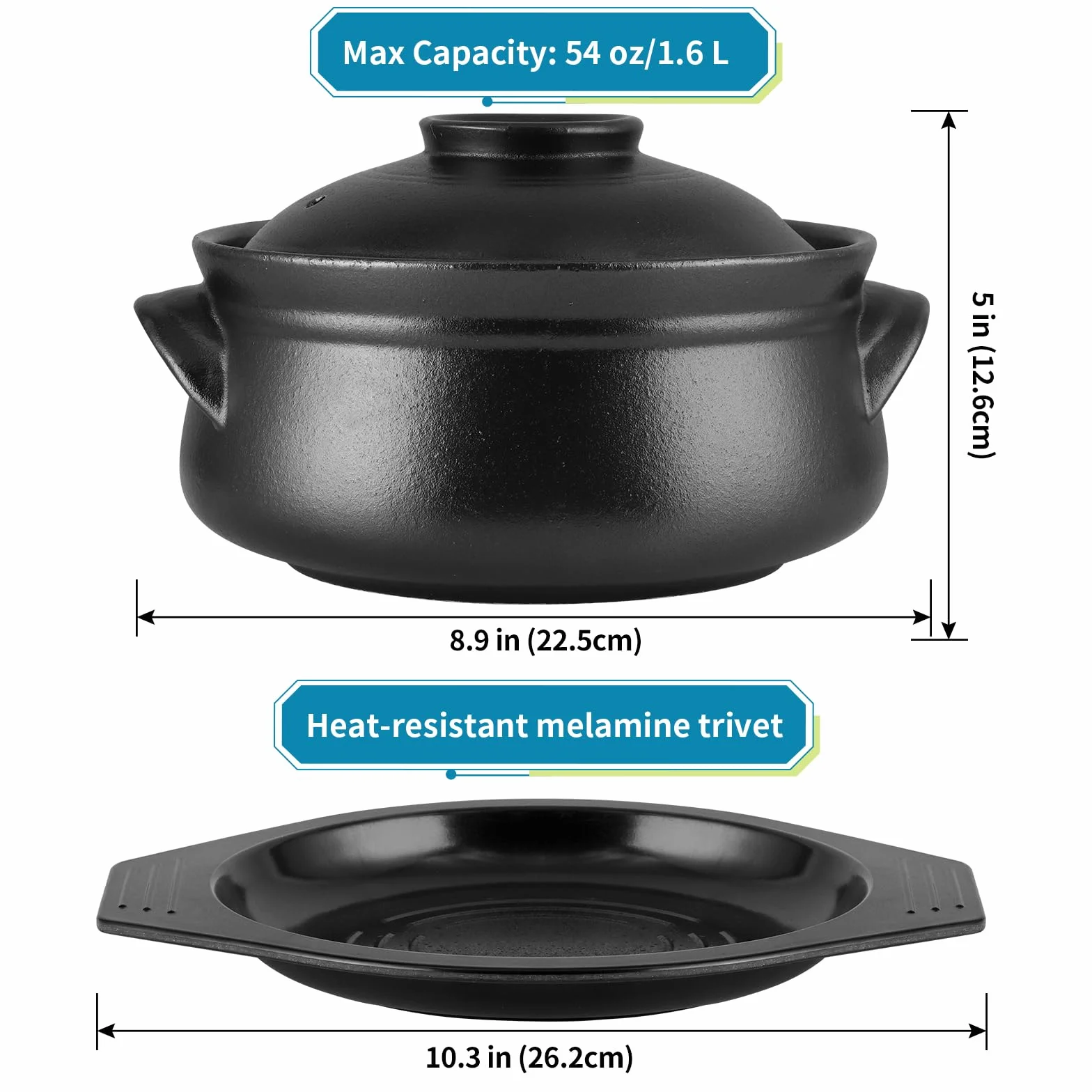 Skelang Koreańska miska Bibimbap, miski ceramiczne, miska na owoce morza z pokrywką i tacą, do gotowania makaronu, zupy, ryżu, pojemność 1,6 l (matowa czerń)