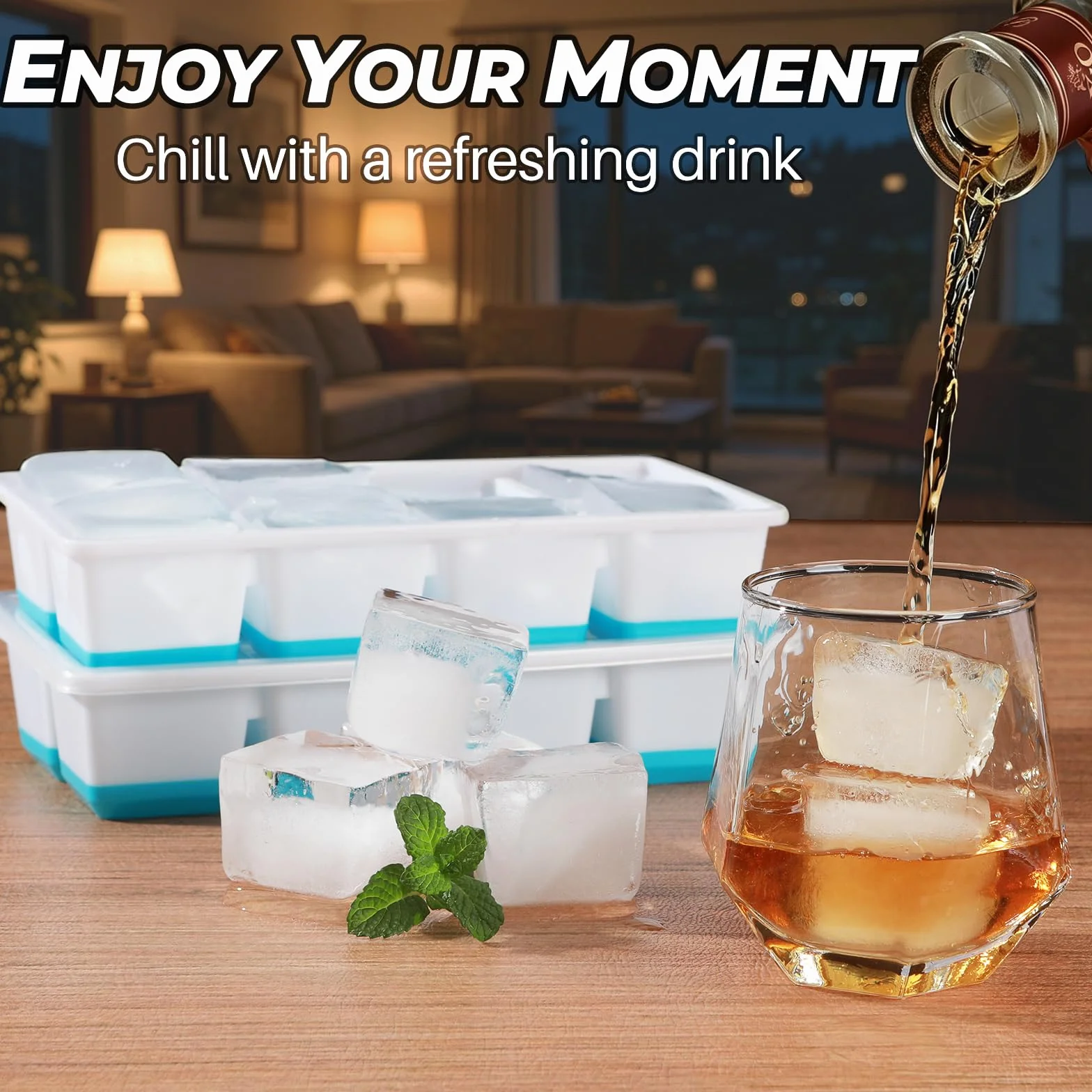 Duża Foremka do Lodu z Pokrywką, Jrsibo 2-szt Silikonowa Taca na Kostki Lodu Bezpieczny i Wolny od BPA, Forma do Kostek Lodu Ice Cube Tray Formy Lodowe do Koktajli, Piwa, Whisky (Niebieski)