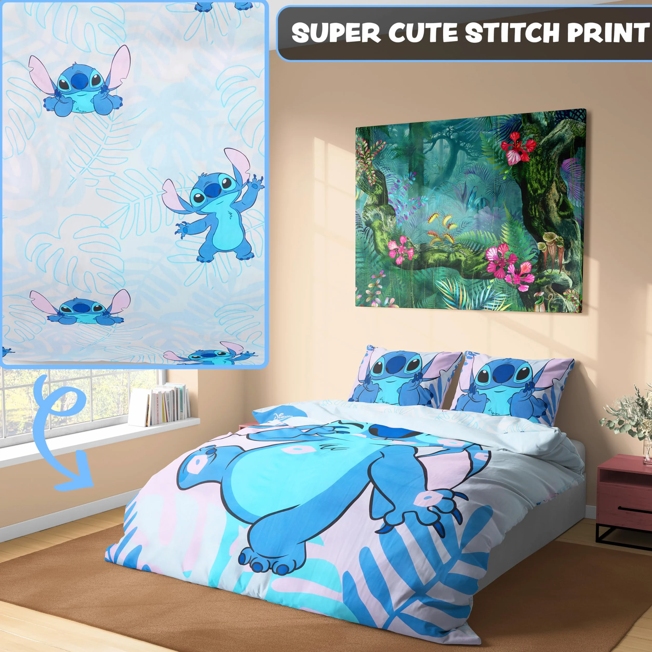 Disney Stich poszewka na kołdrę i poduszka dla dzieci i nastolatków, pościel do sypialni - pojedyncza lub podwójna (Niebieska Stich podwójna)