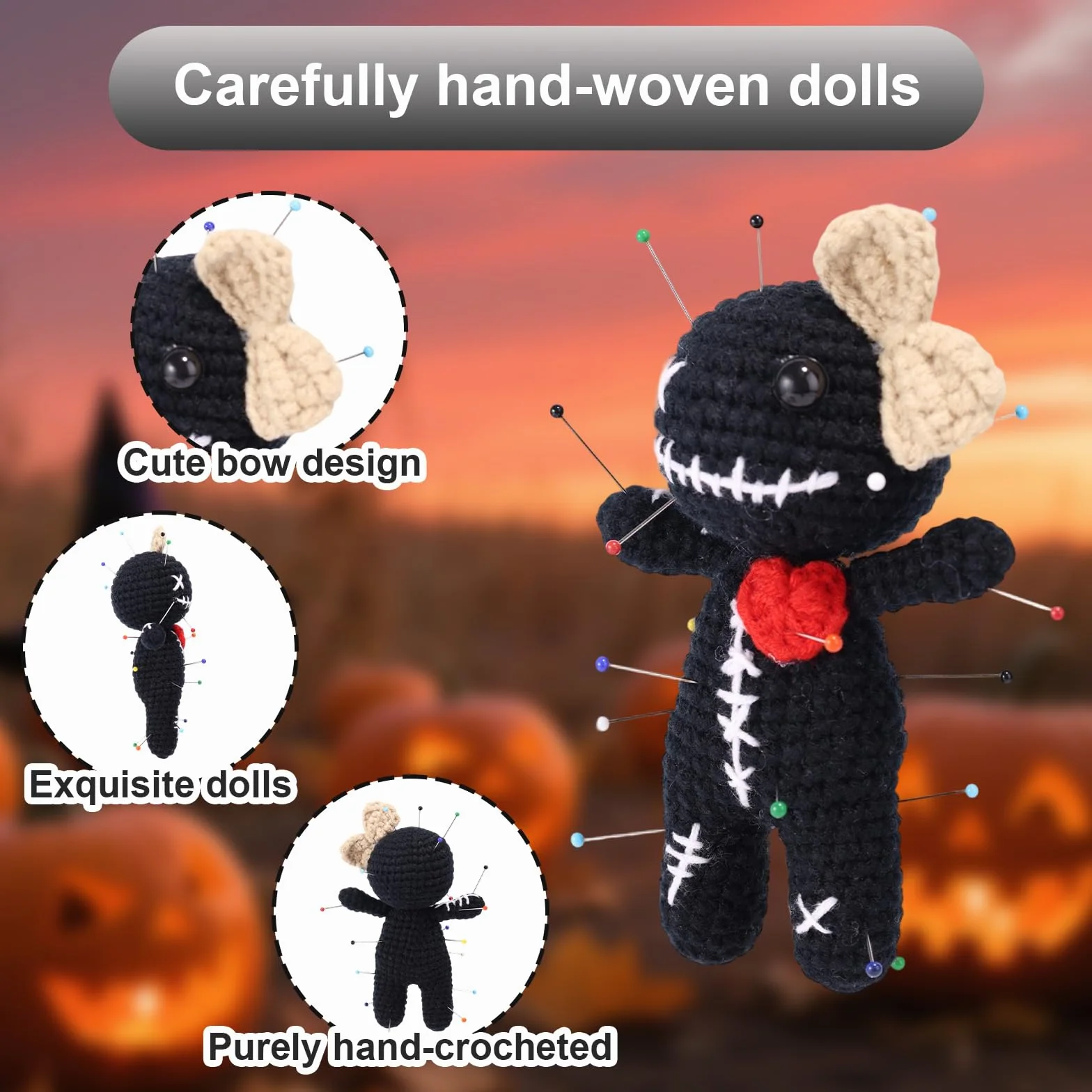 TOYMIS Laleczka Voodoo Szydełkowana Czarna z Szpilkami Antystresowa Dekoracja Halloween