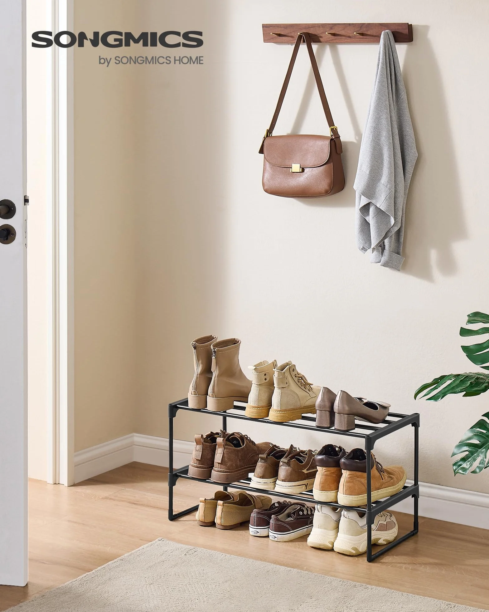 SONGMICS Stojak na buty 2-poziomowy, metalowy stojak na buty, przechowywanie butów, pionowy lub do góry nogami, na 6-9 par butów, składany, 30 x 68 x 33,8 cm, czarny LSA202B01