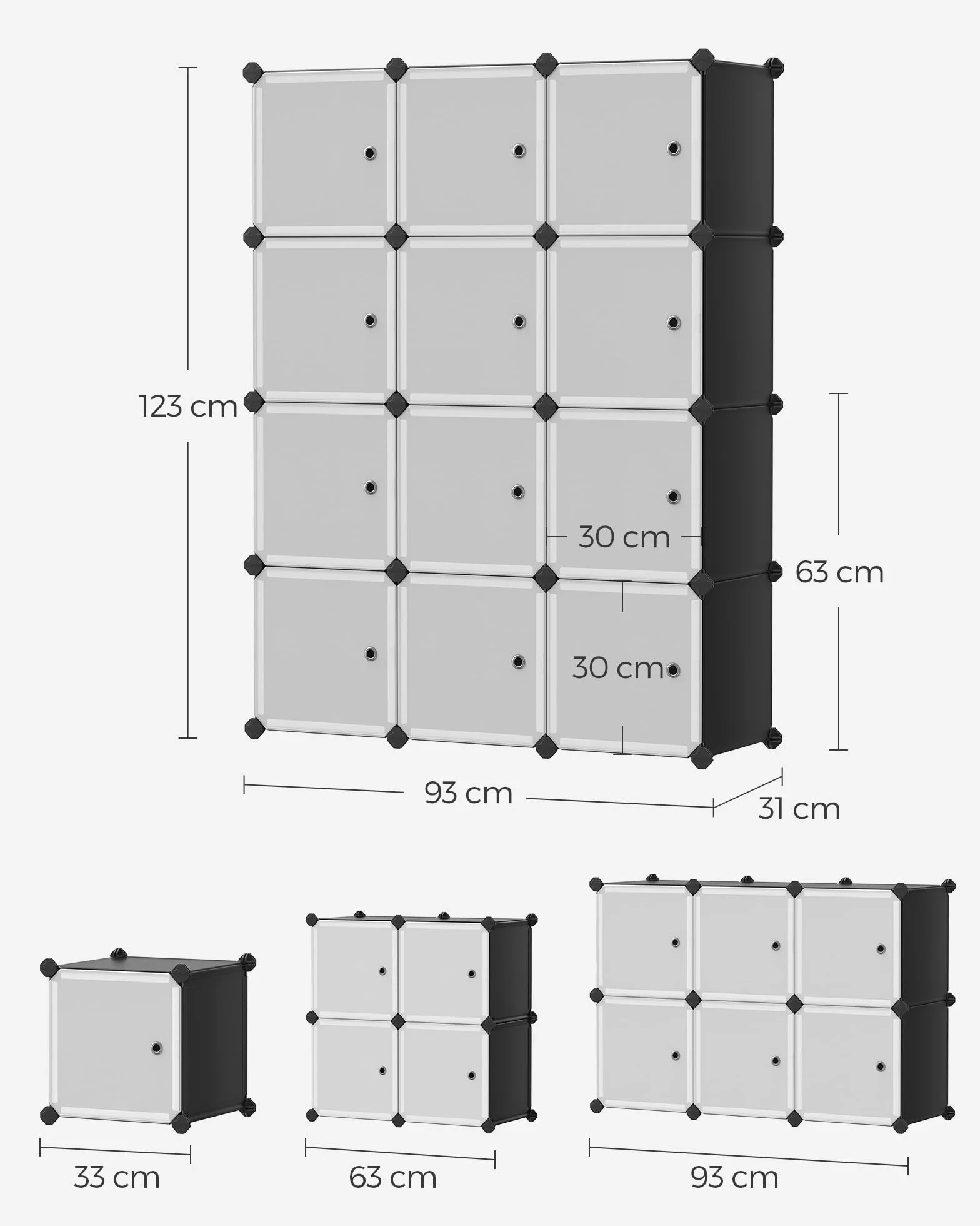 SONGMICS Modułowa półka szafa 12 wiader plastikowa z drzwiami czarny biały LPC34HV1