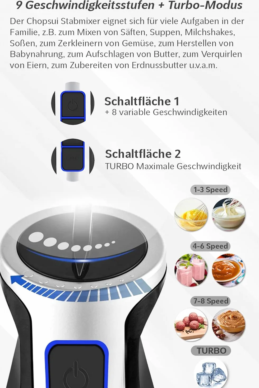 LEHMANN Wielofunkcyjny blender ręczny Chopsui 1200 W z funkcją turbo i regulacją prędkości, srebrny, mocny, Funkcja turbo, najmocniejszy mikser, tarki do tarcia ziemniaków