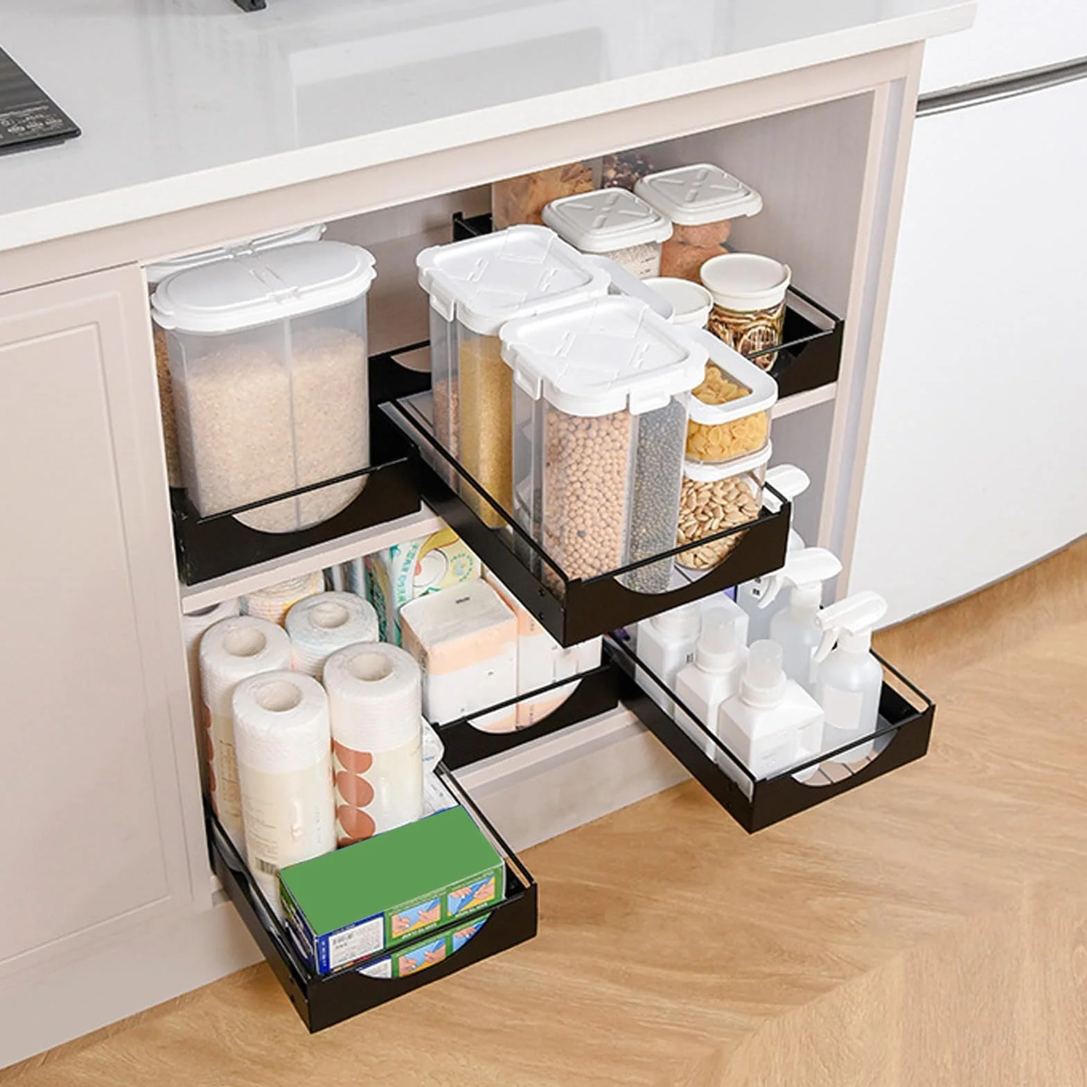 Fockety Wyciągany Organizator do Szafki 40x23x9 cm Wysuwane Półki Czarny