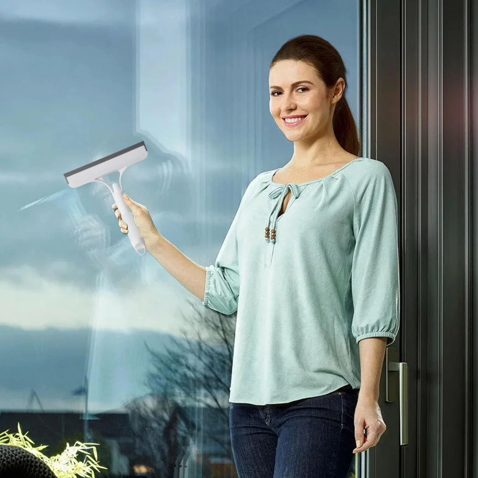 Window Squeegee with Built-in Spray Function, 8.46x10.12x1.18 inches, Glass Cleaner, Compact Handheld Tool for Home Bathroom