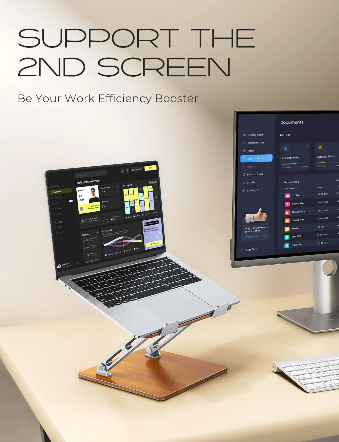 CIRYCASE Laptop Stand dla biurka, aluminium i drewno Ergonomiczny laptop Riser z regulowanym kątem, składany podwójny stojak dla komputera, kompatybilny wszystkie laptopy 10-16"