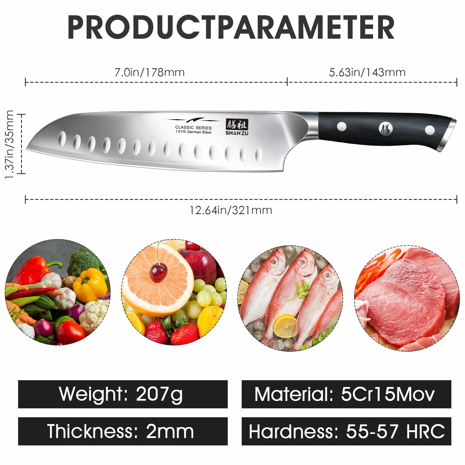 Nóż szefa kuchni Nóż kuchenny, Nóż szefa kuchni SHAN ZU Santoku Niemiecka stal nierdzewna Ostre ostrze noża 18cm Ergonomiczny uchwyt Pudełko na prezent