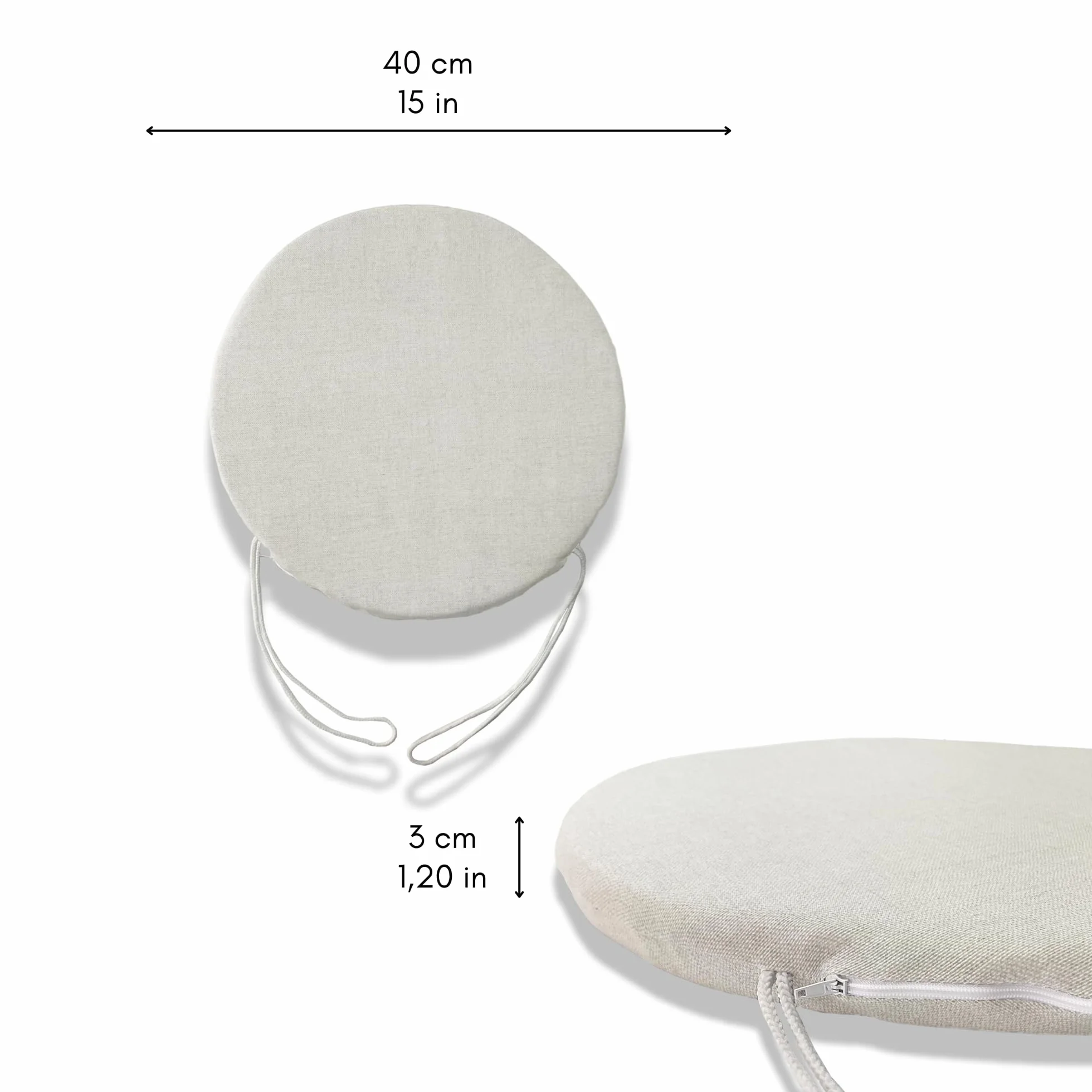 6 okrągłych poduszek na krzesła kuchenne, zdejmowane, poduszki na krzesła do salonu - Poduszki na krzesła z tasiemkami wyprodukowane we Włoszech - grubość 3 cm - dekoracja domu (naturalna, średnica 40