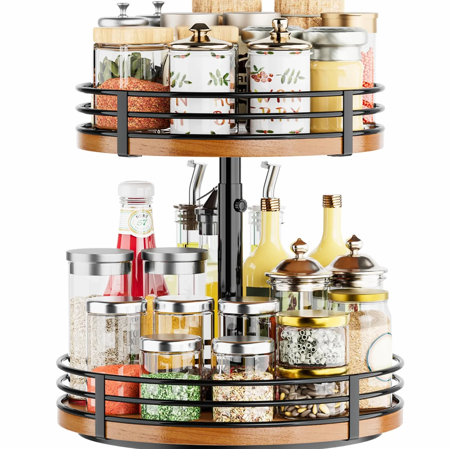 Lazy Susan obrotowy organizer, regulowany, 2-poziomowy drewniany obrotowy stojak na przyprawy, 30 cm, Lazy Susan, do kuchni, szafki, spiżarni, łazienki, kawiarni, baru, przechowywania w domu