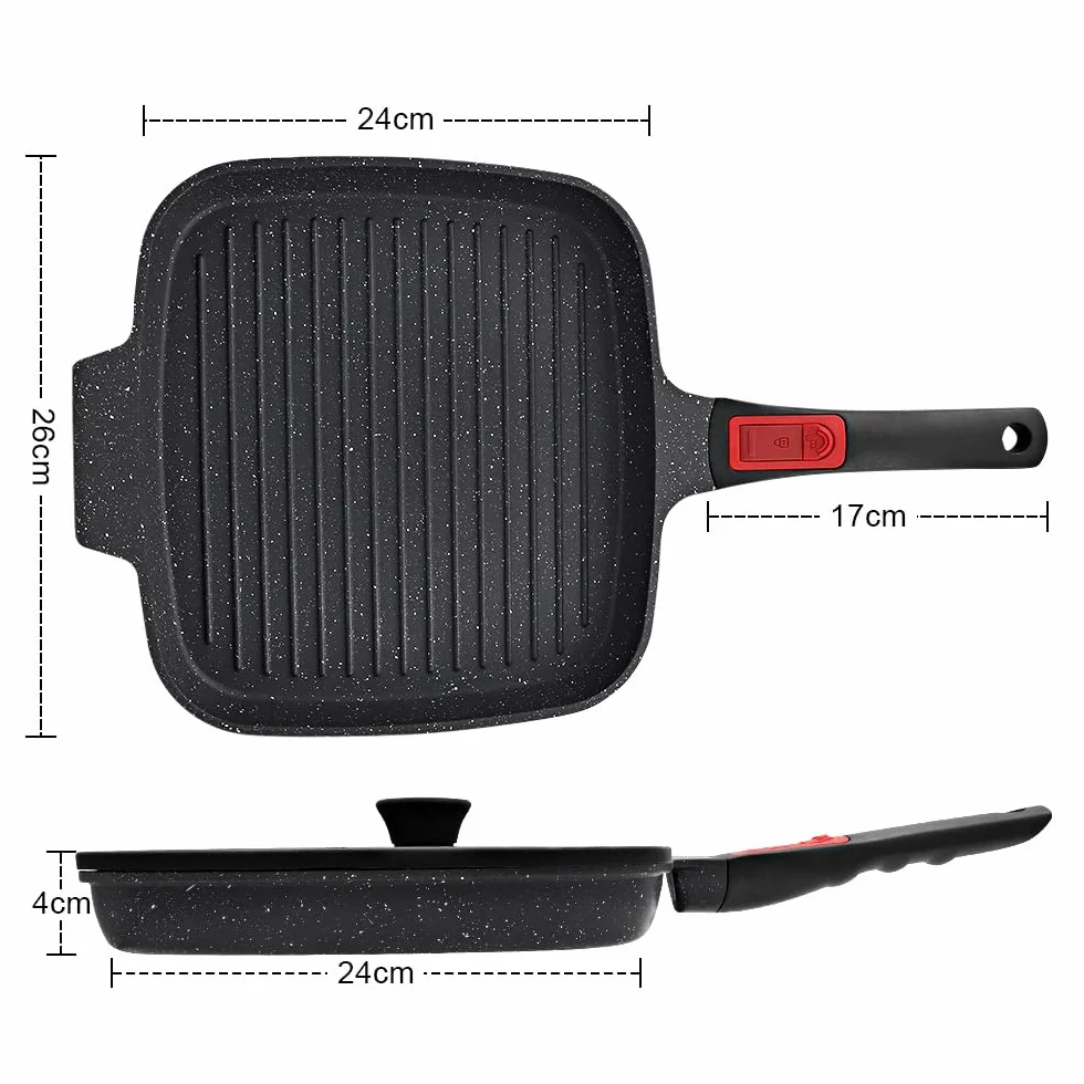 Patelnia grillowa z pokrywką 25 cm z odlewu aluminiowego nieprzywierająca z odpinanym uchwytem do kuchenki indukcyjnej czarna