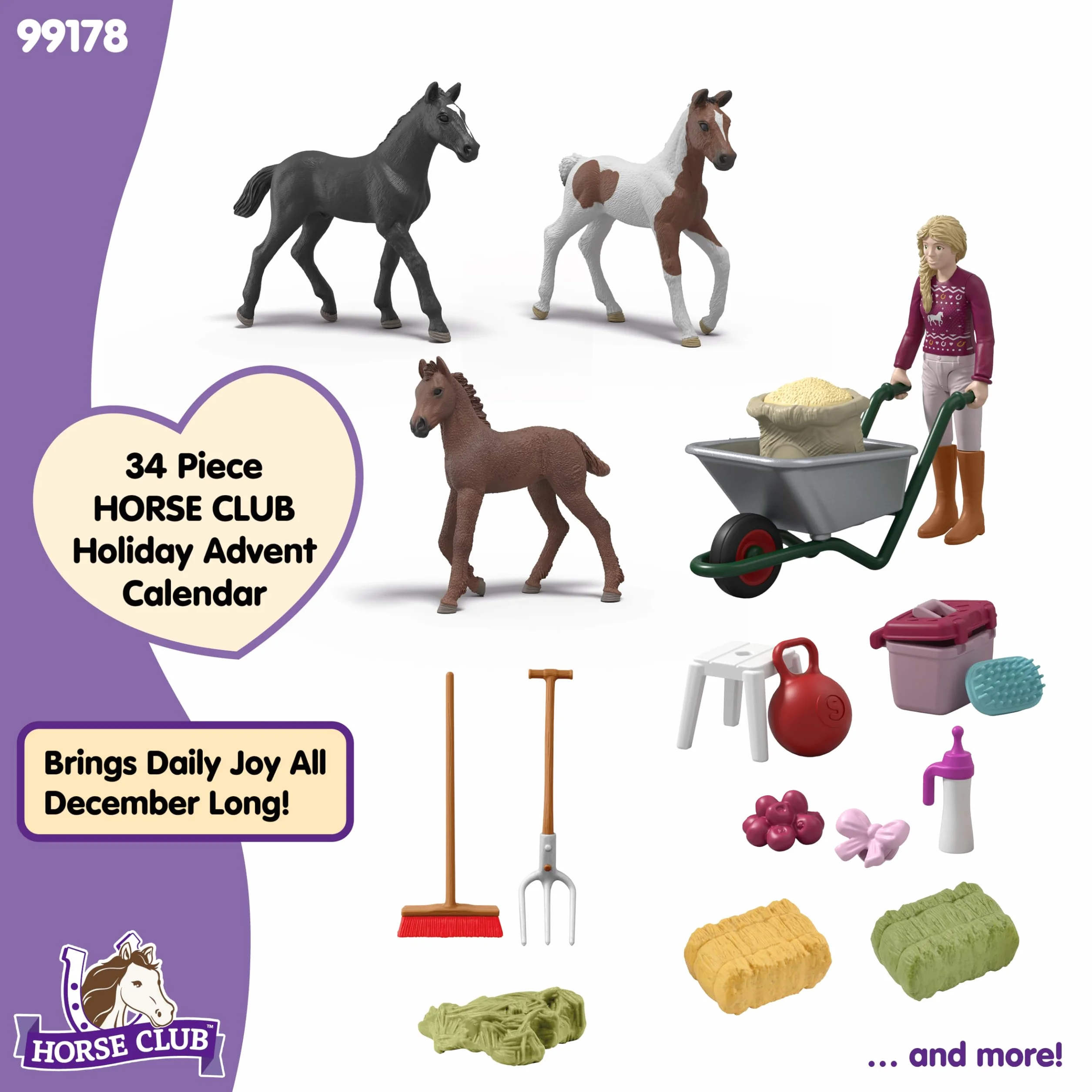 schleich HORSE CLUB | Kalendarz adwentowy HORSE CLUB 2025 – Cud Bożonarodzeniowy Wychów Źrebiąt 99178 | Z ruchomą figurką Sofii, 3 ekskluzywnymi źrebiętami | Prezent od 5 lat | 34 elementy