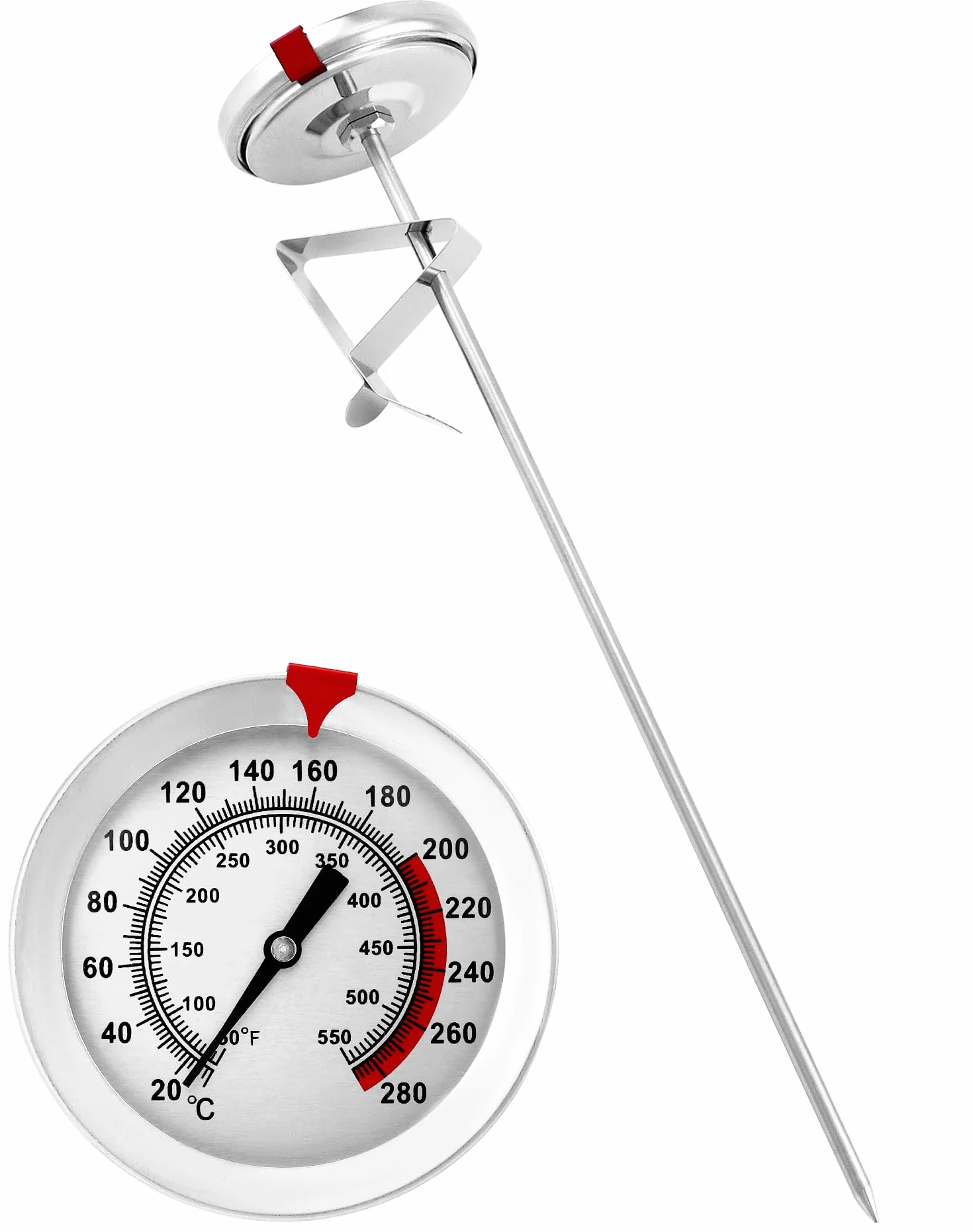 QWORK® 304 termometr do smażenia ze stali nierdzewnej 290°C/550°F z długą sondą 23 cm, natychmiast czytelny analogowy termometr do mięsa, termometr kuchenny