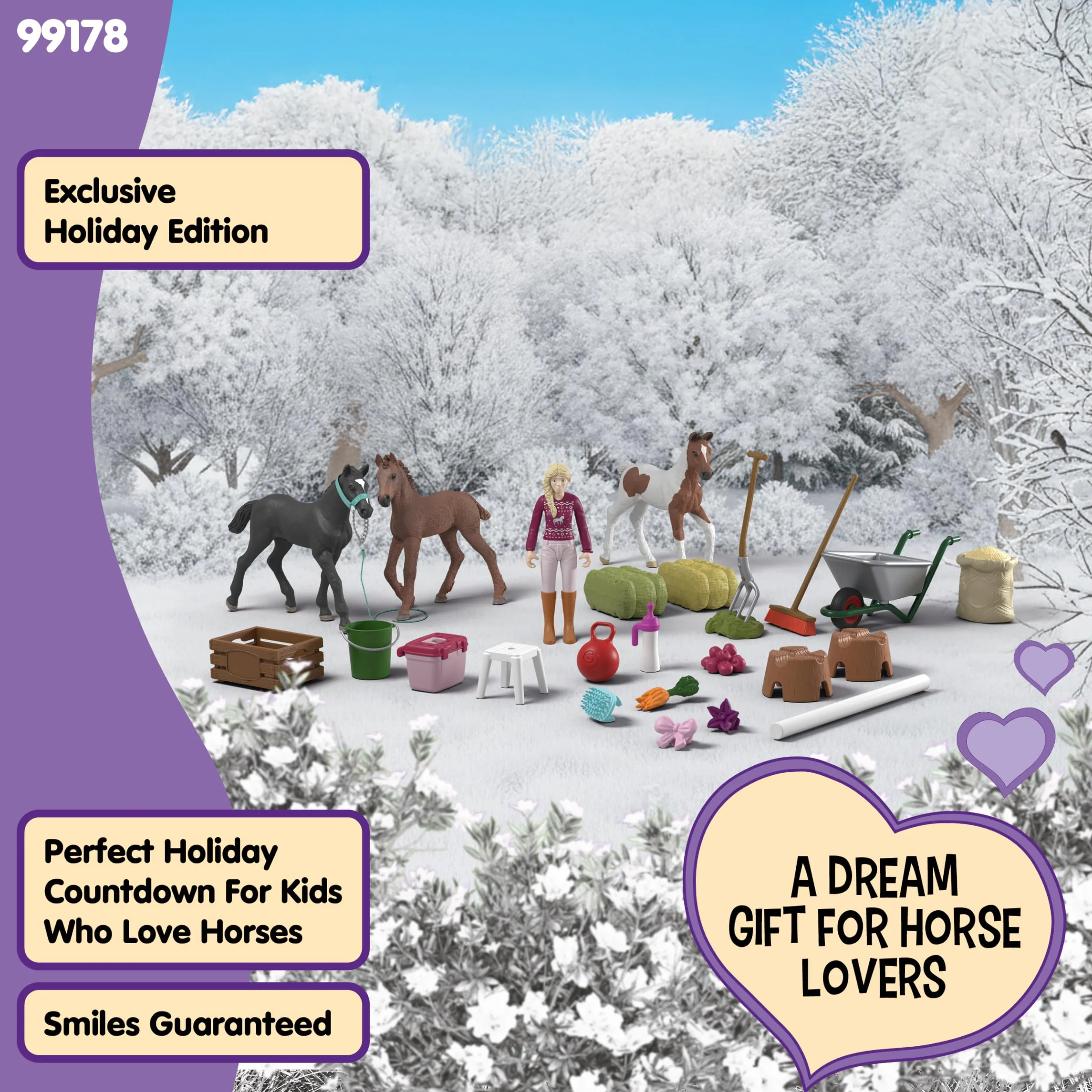 schleich HORSE CLUB | Kalendarz adwentowy HORSE CLUB 2025 – Cud Bożonarodzeniowy Wychów Źrebiąt 99178 | Z ruchomą figurką Sofii, 3 ekskluzywnymi źrebiętami | Prezent od 5 lat | 34 elementy