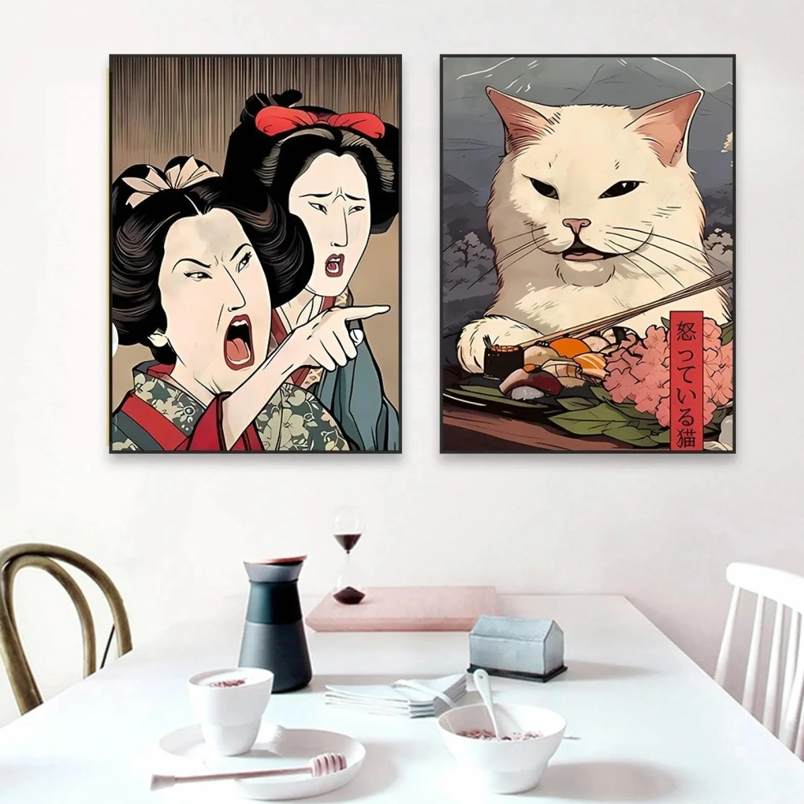 CHAOJIART Zabawny japoński kot sushi plakat sztuka ścienna 40x60 cm x 2