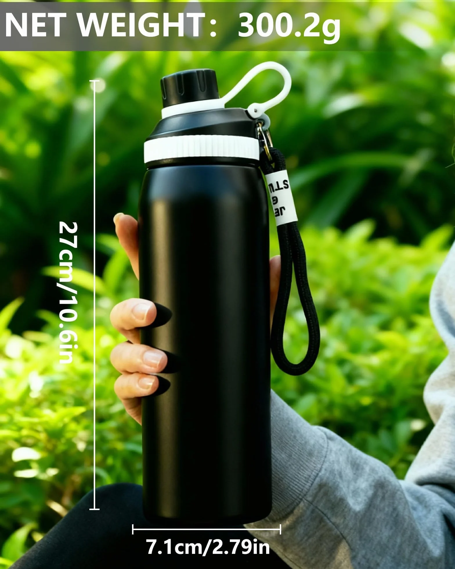 Butelka Termiczna ze Stali Nierdzewnej 600 ml, Sportowa z Pętlą, Podwójna Izolacja, Czarny