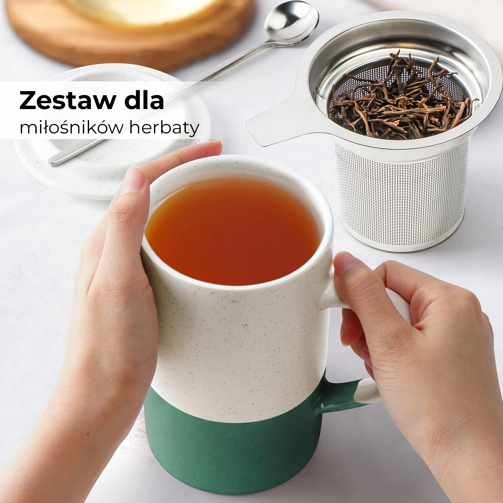 Zestaw Filiżanek do Herbaty 2 x 500 ml Ceramiczny Kubek z Zaparzaczem i Pokrywką Ciemnozielony