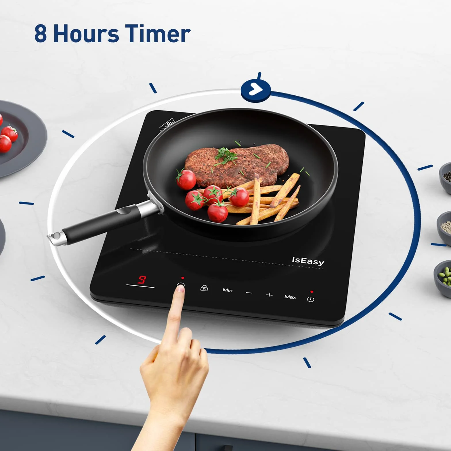 IsEasy pojedyncza płyta kuchenna indukcyjna 2100 W, płyta grzewcza 28 cm, przenośna z zabezpieczeniem przed dziećmi, 9 stopni ogrzewania, 8-godzinny timer, funkcja max/min, czarna