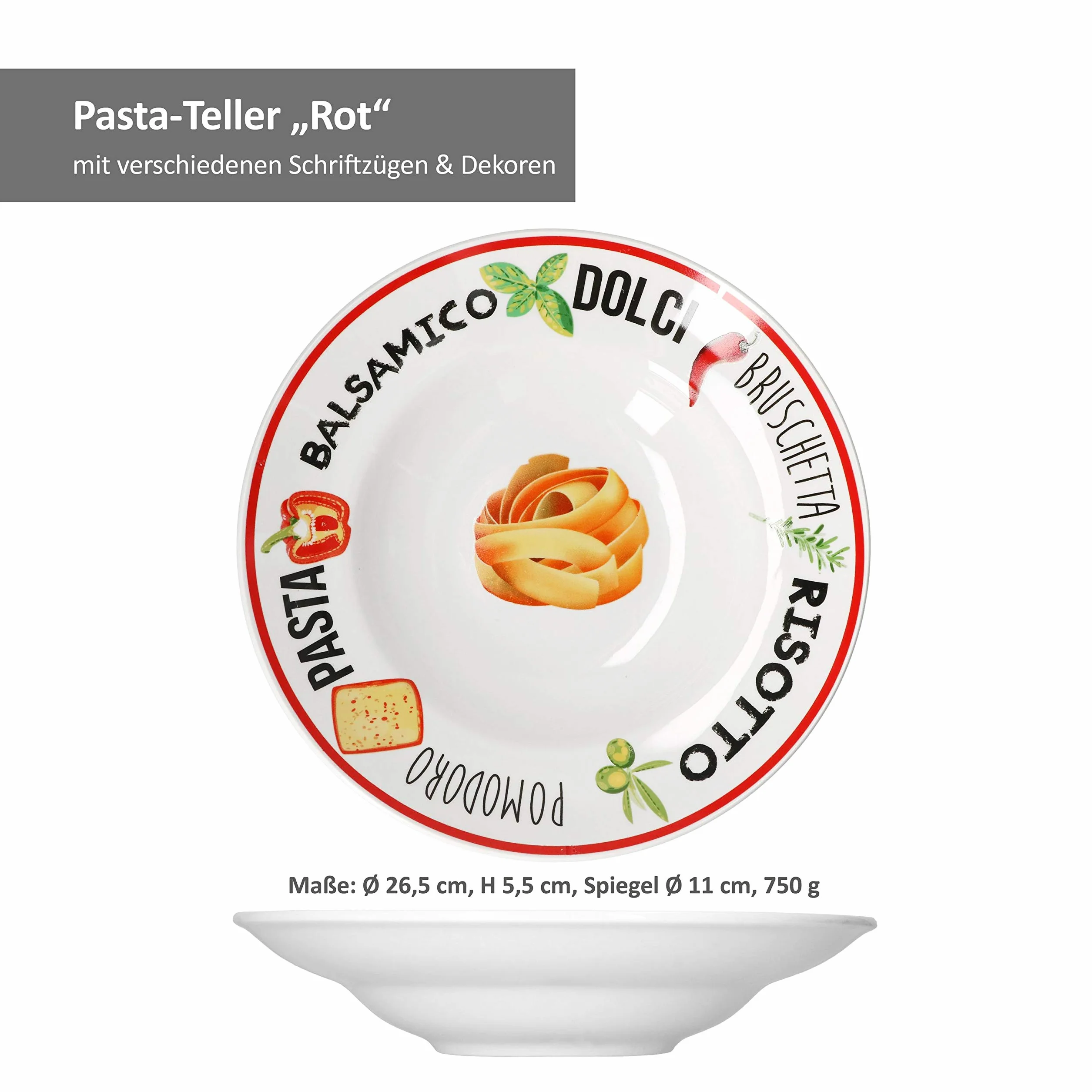 MamboCat Zestaw 4 białych talerzy do makaronu z dekoracją, głębokie porcelanowe naczynia