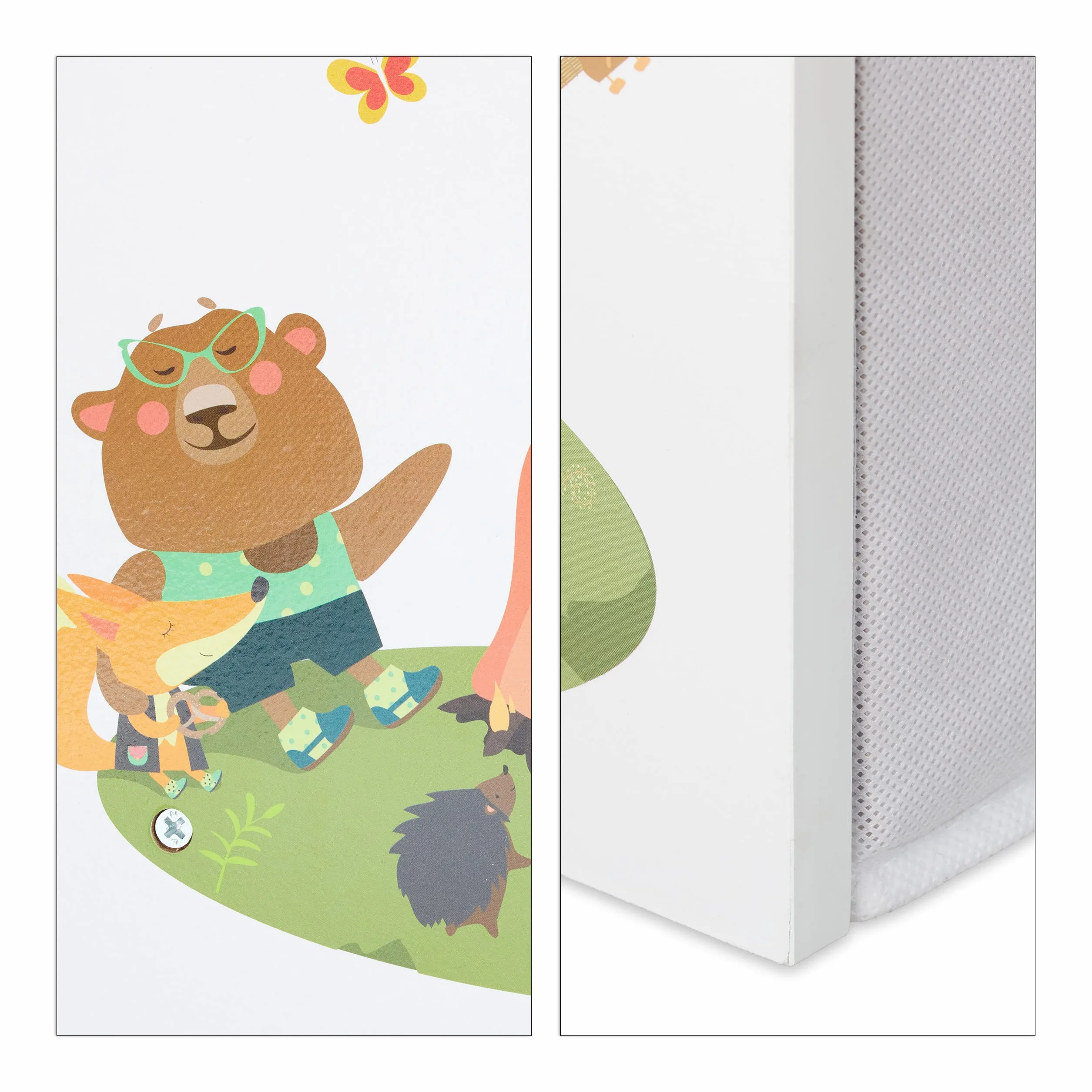 Relaxdays Regał dziecięcy z 9 pudełkami z materiału, ognisko z motywem dziecięcym, regał na zabawki, organizer wys. x szer. x gł.: 66 x 82,5 x 29,5 cm, kolorowy
