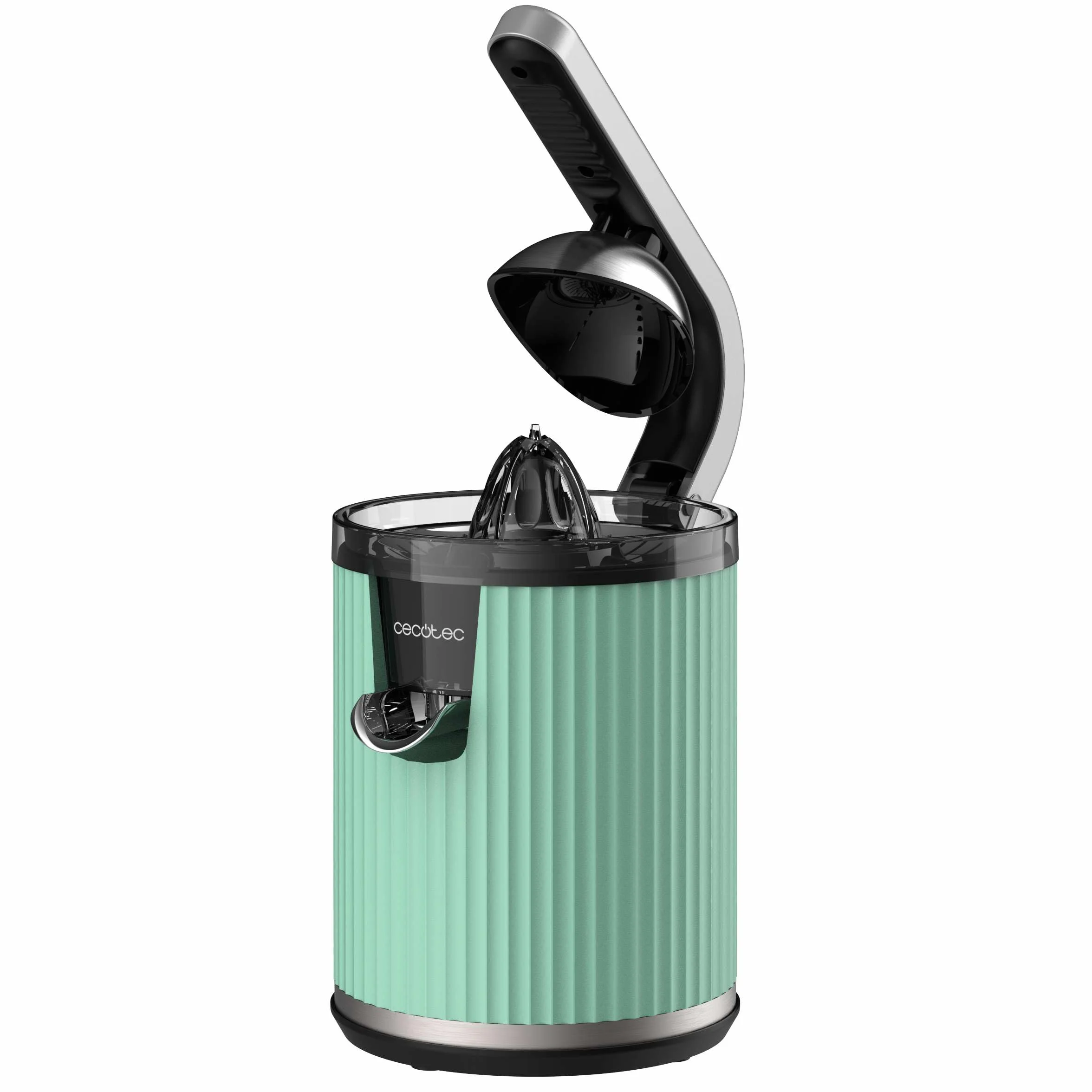 Cecotec Elektryczna sokowirówka na ramię do pomarańczy i cytrusów Xqueeze RetroJuice 600 Green. 600W, Retro Style, Filtr ze stali nierdzewnej, Plastikowy stożek dźwigniowy do ekstrakcji miazgi,